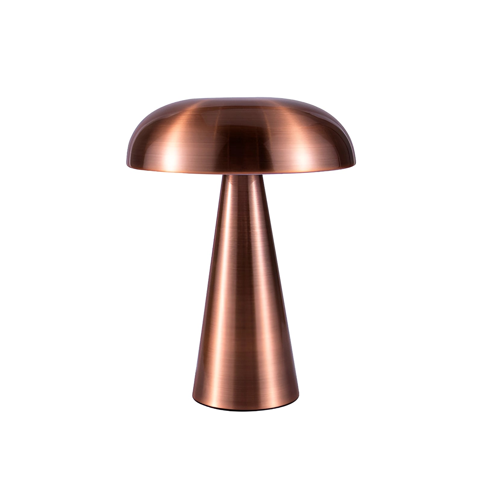 Bronze mushroom-shaped table lamp with a sleek modern design, featuring a brushed metallic finish and a soft peach lampshade, resting on a wooden table.