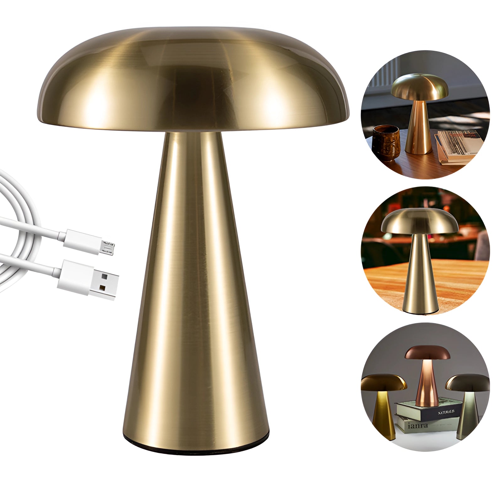 Gold mushroom-shaped table lamp with a sleek, modern design featuring a brushed metallic finish, suitable for desks or tables.