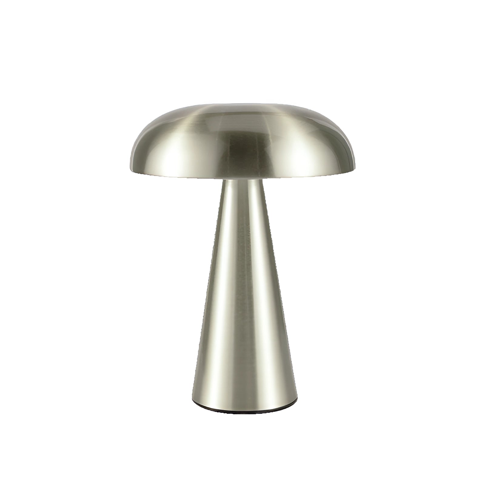 
Silver mushroom-shaped table lamp with a sleek modern brushed metallic finish, featuring a circular lampshade and designed as a stylish desk light.