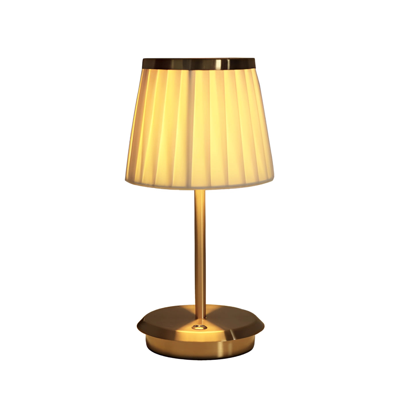 Elegant gold table lamp with a pleated beige lampshade, featuring a luxurious design. The lamp base includes a combination of wood and metal elements, set on a rectangular platform. Ideal for adding a touch of sophistication to a desk or table, complementing various interior styles with its neutral tones.