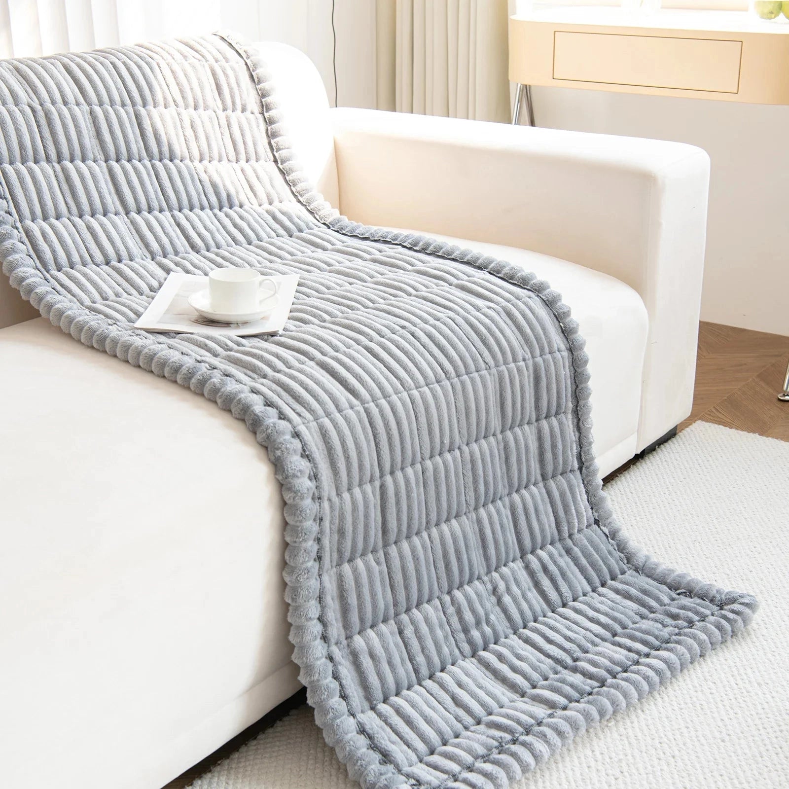 Gray Chenille Sofa Throw - Modern Ribbed Decorative Blanket