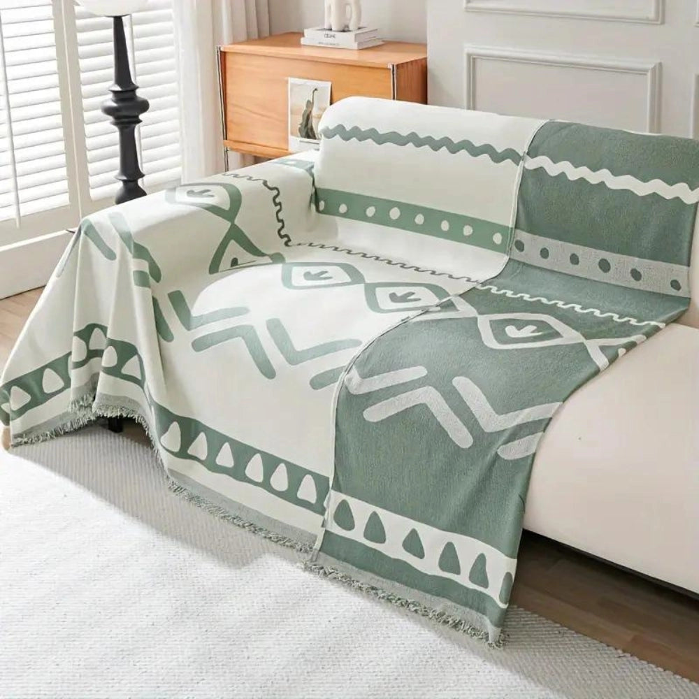 Green Tribal Fringed Throw Blanket - Cotton Ethnic Bohemian Decor