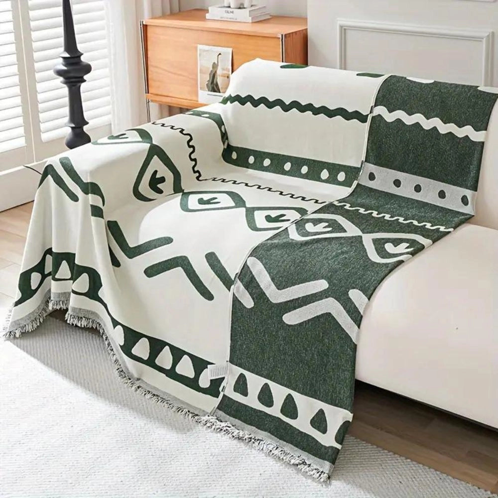 Green Tribal Fringed Throw Blanket - Cotton Ethnic Bohemian Decor