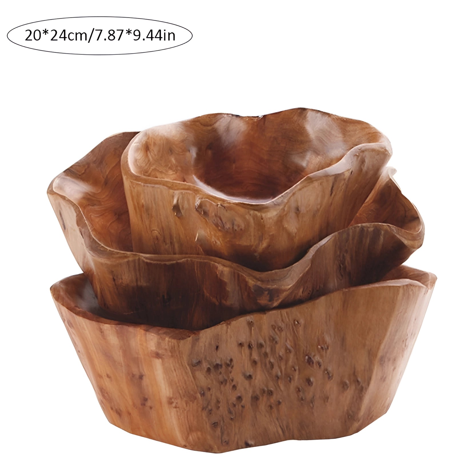 Hand-carved rustic wooden bowl made from natural wood, featuring unique grain patterns, displayed on a table. Eco-friendly dish ideal for serving or as a decorative piece.