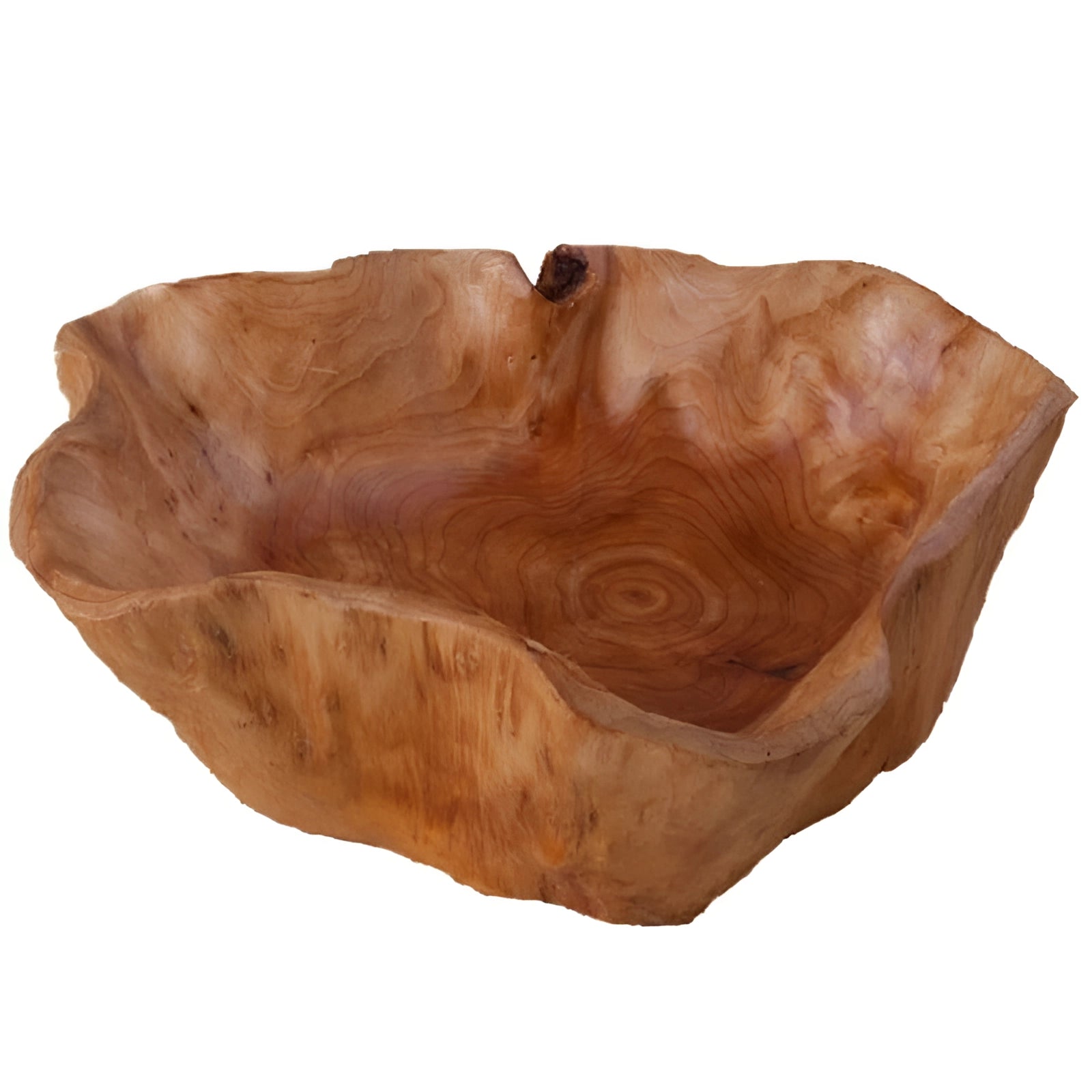 Hand-carved rustic wooden bowl showcasing unique grain patterns, highlighting its natural material and eco-friendly design. 