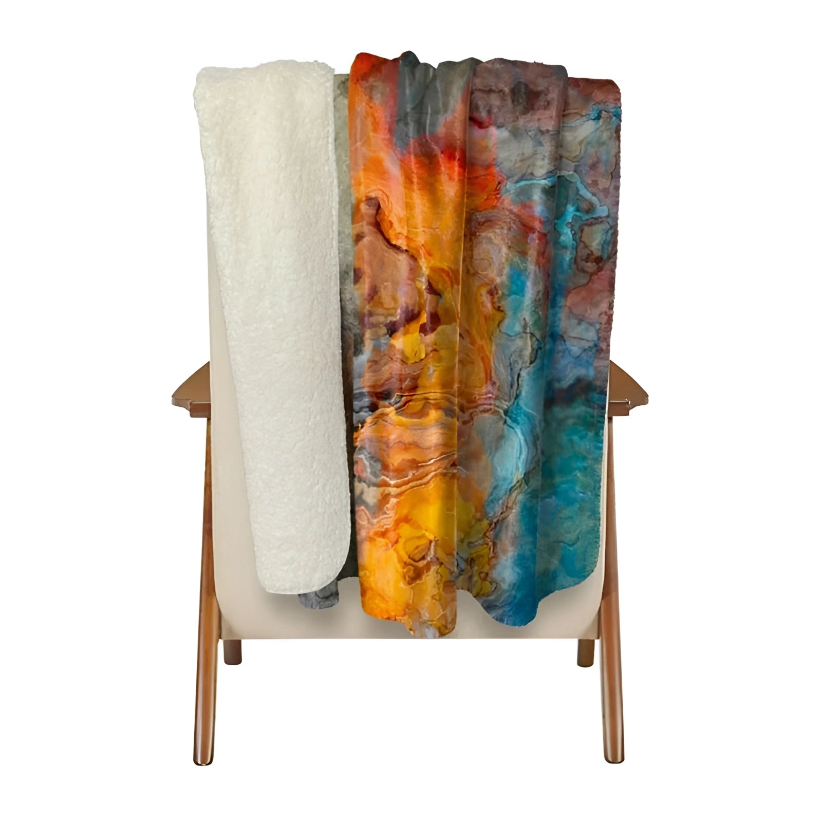 Luxurious hand-painted silk throw blanket draped over a wooden chair, showcasing vibrant artistic designs and vivid colors, perfect for enhancing home decor.