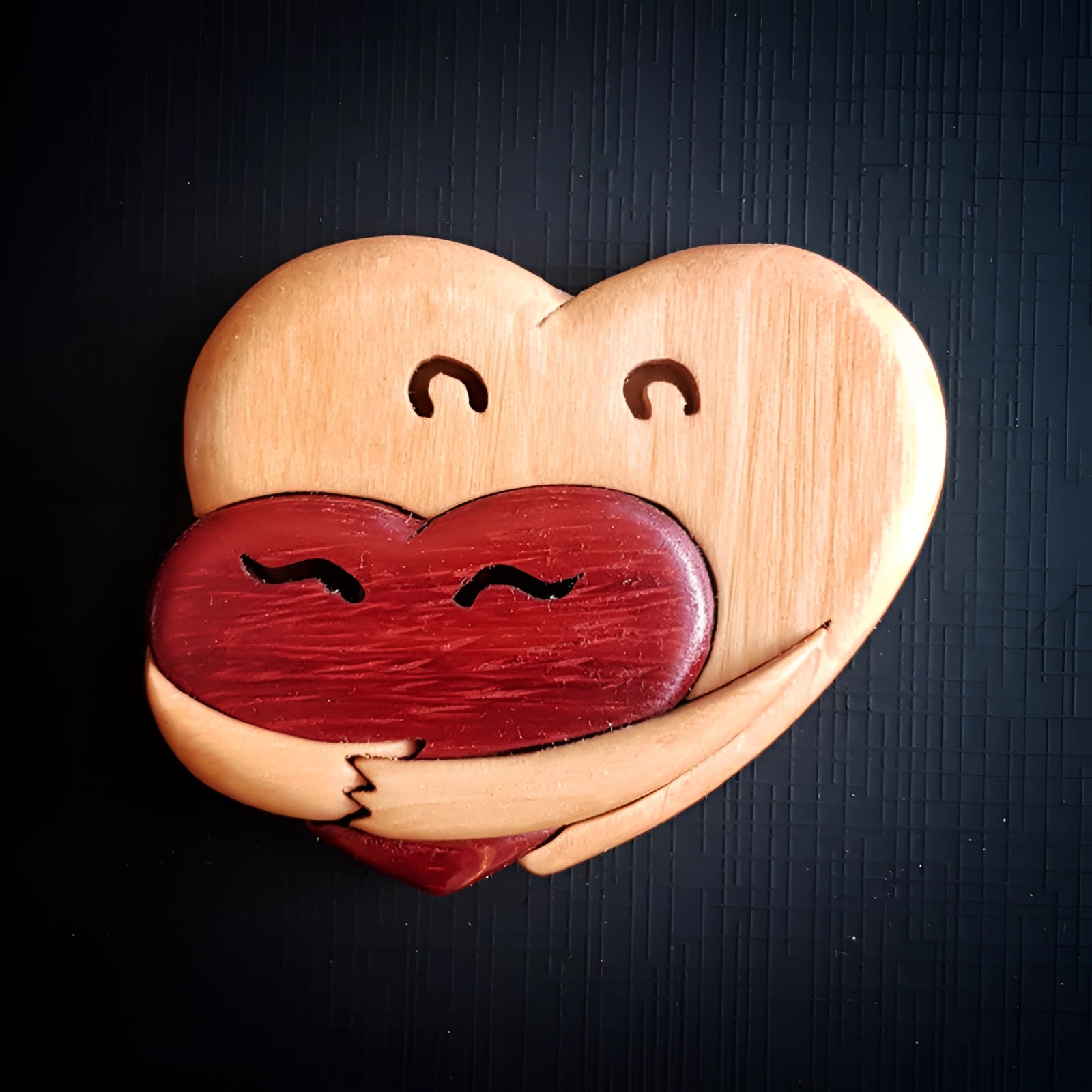 A handcrafted wooden heart puzzle with interlocking pieces, intricately designed as a romantic gift and unique ornament, displaying a polished wood finish.