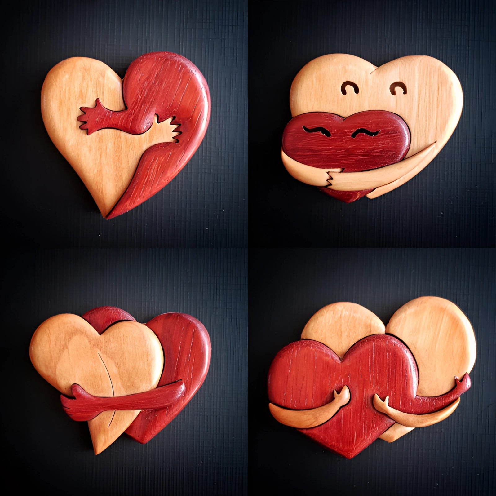 A handcrafted wooden heart puzzle featuring a smooth, red finish with interlocking pieces, designed as a romantic gift or unique ornament.