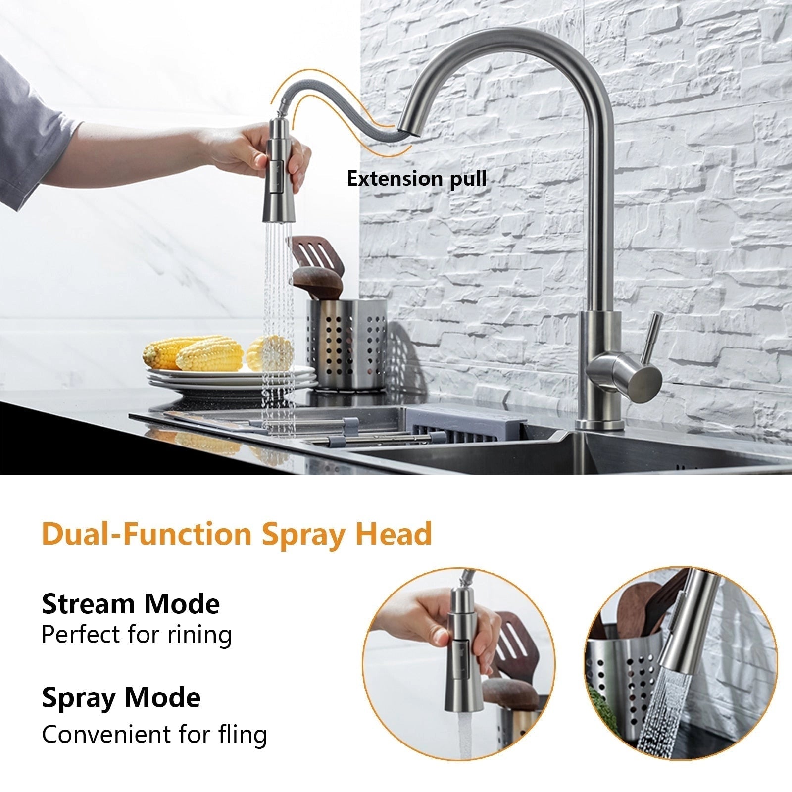 Hands-free smart kitchen faucet with motion detection technology, featuring a sleek and modern design, installed on a kitchen countertop.