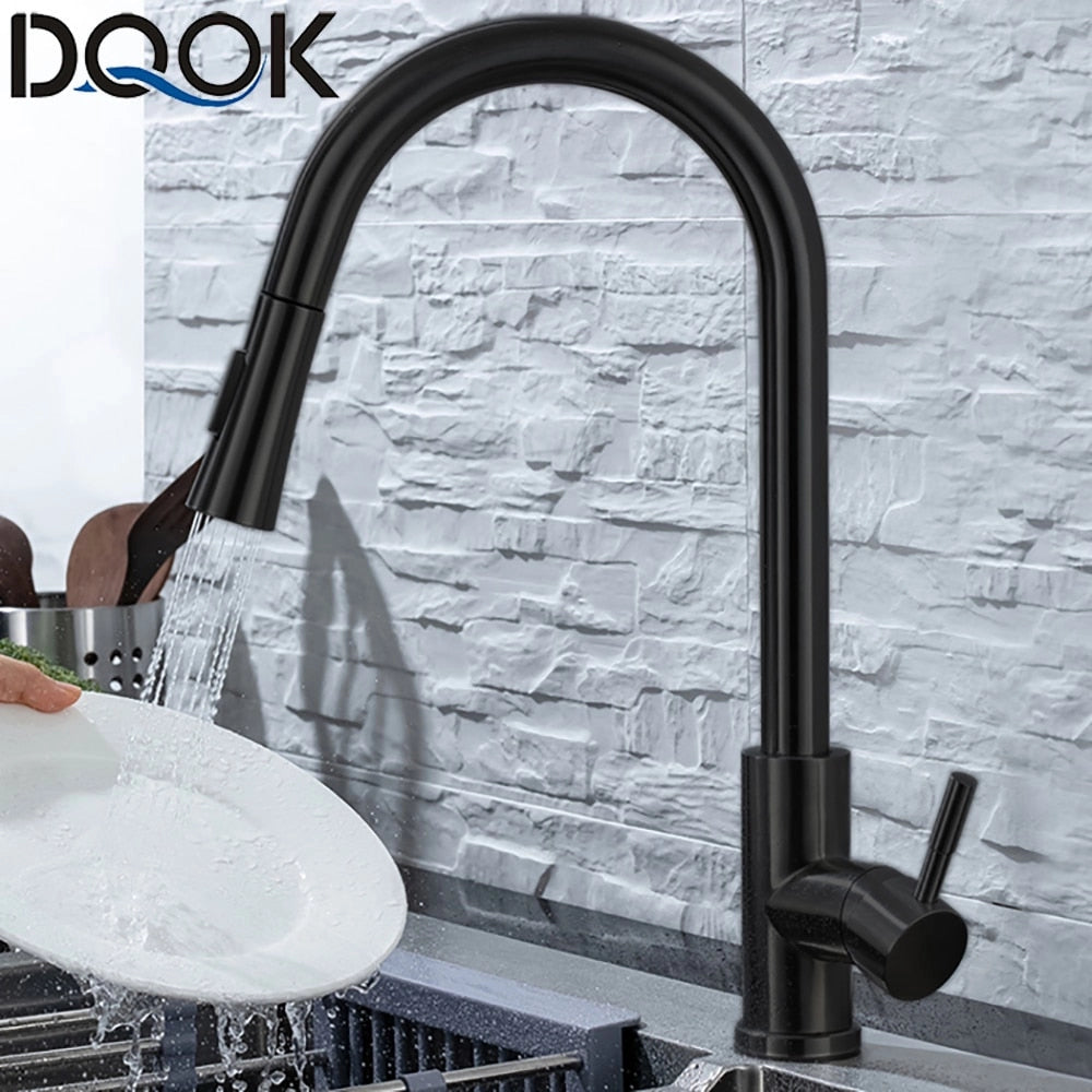 Hands-free smart kitchen faucet with motion detection installed on a wooden countertop, showcasing a sleek metal design integrated with a plumbing fixture.