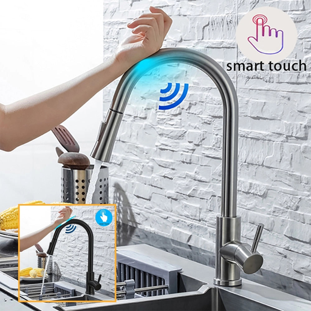 Hands-Free Smart Kitchen Faucet with Motion Detection in Brushed Nickel finish featuring a sleek, modern design with motion sensor technology for touchless operation.