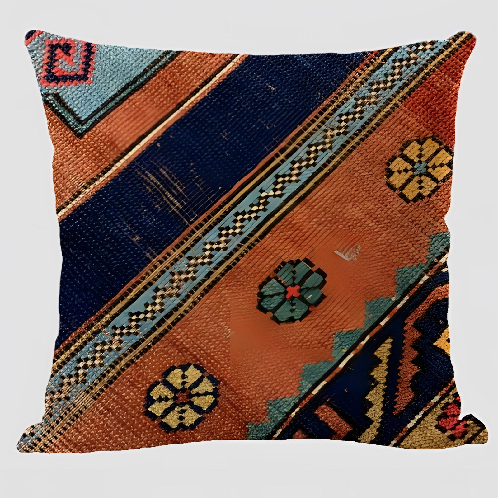 Handwoven Kilim cushion with an ethnic bohemian design, featuring a rectangular shape and intricate patterns in earthy brown tones, perfectly suited for Southwestern decor.