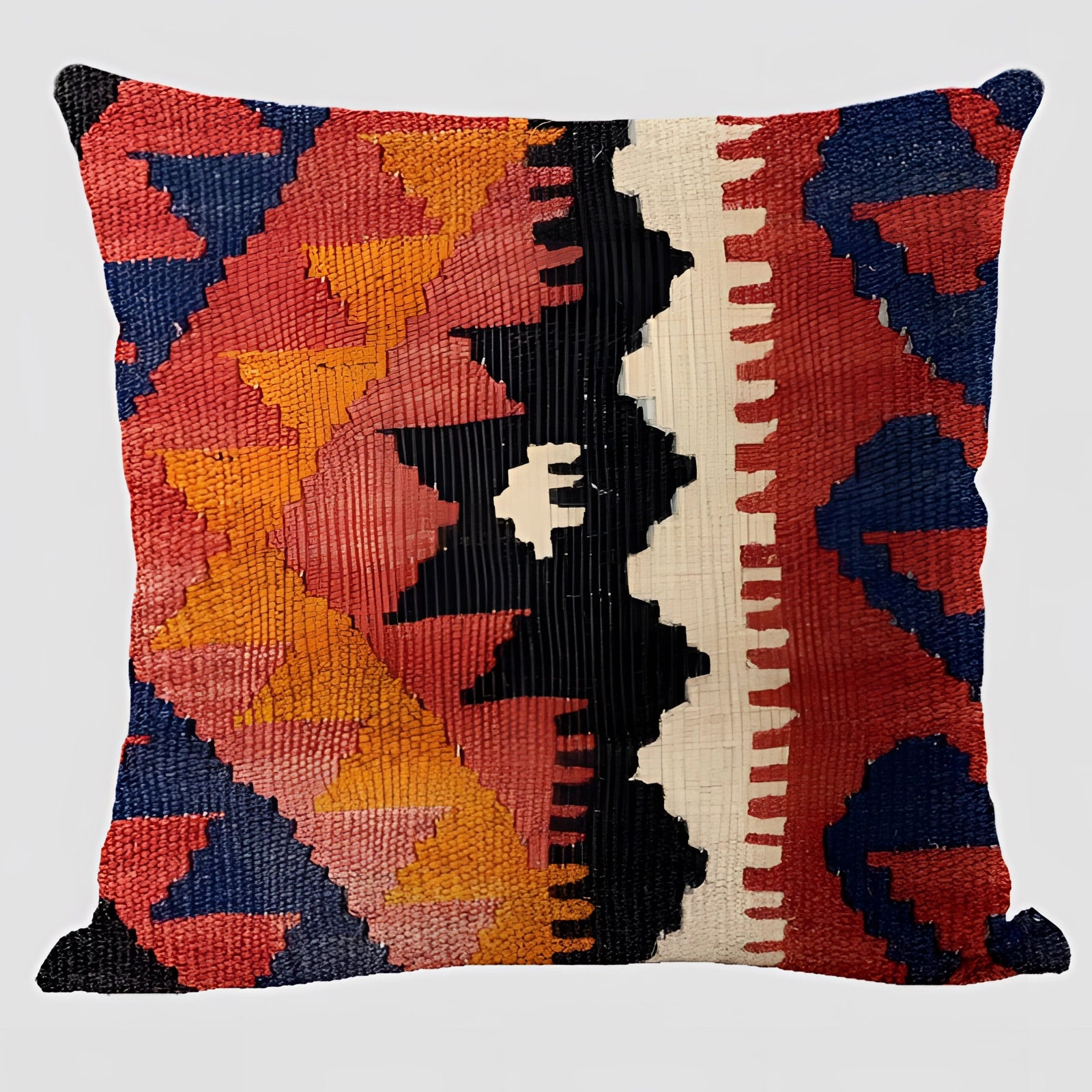 Handwoven Kilim cushion with an ethnic bohemian design, featuring a vibrant geometric pattern with triangles, suitable for Southwestern decor. The rectangular textile showcases intricate creative art and design elements in various tints and shades.