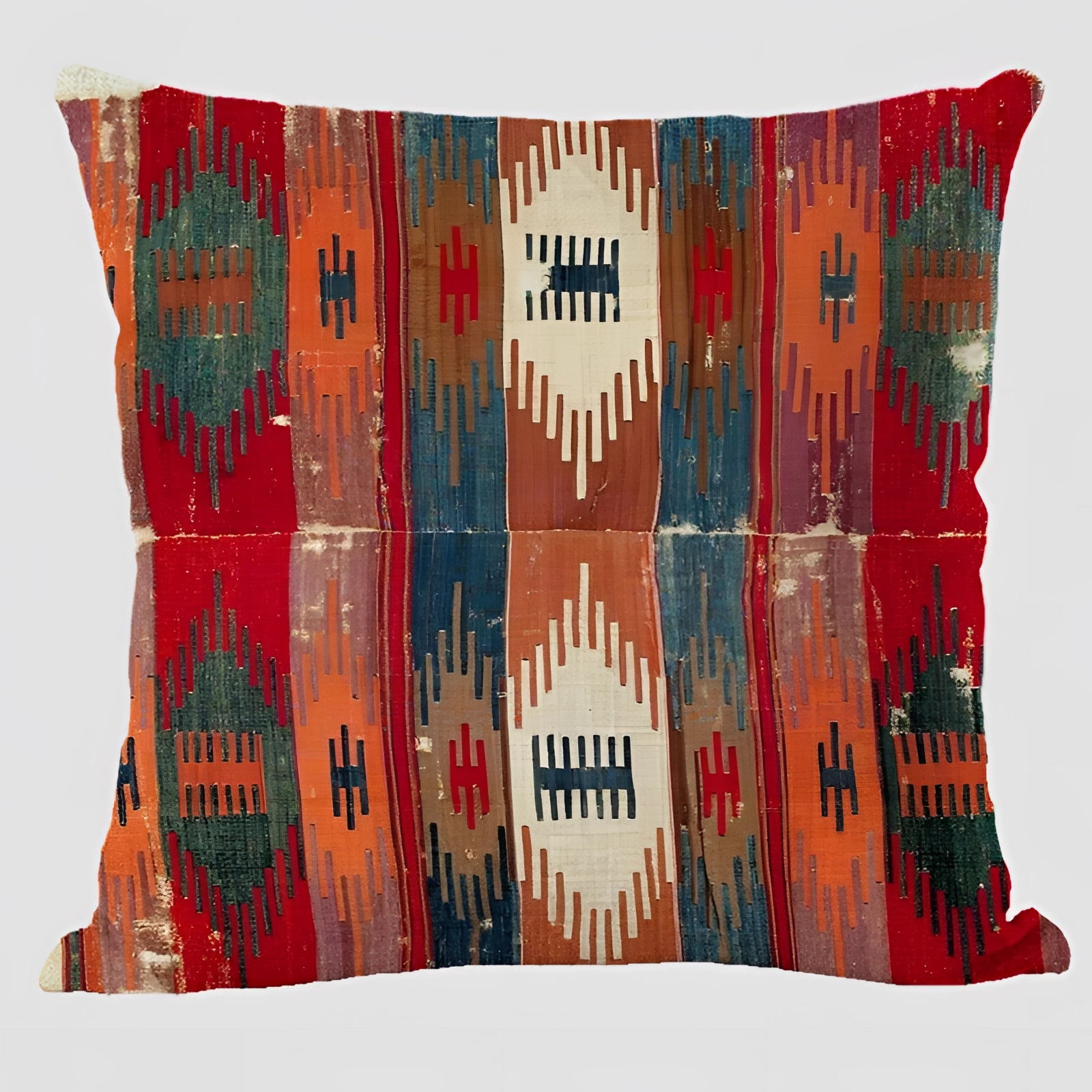 Handwoven Kilim cushion featuring an intricate ethnic bohemian pattern, perfect for Southwestern decor, displayed on a wooden surface.