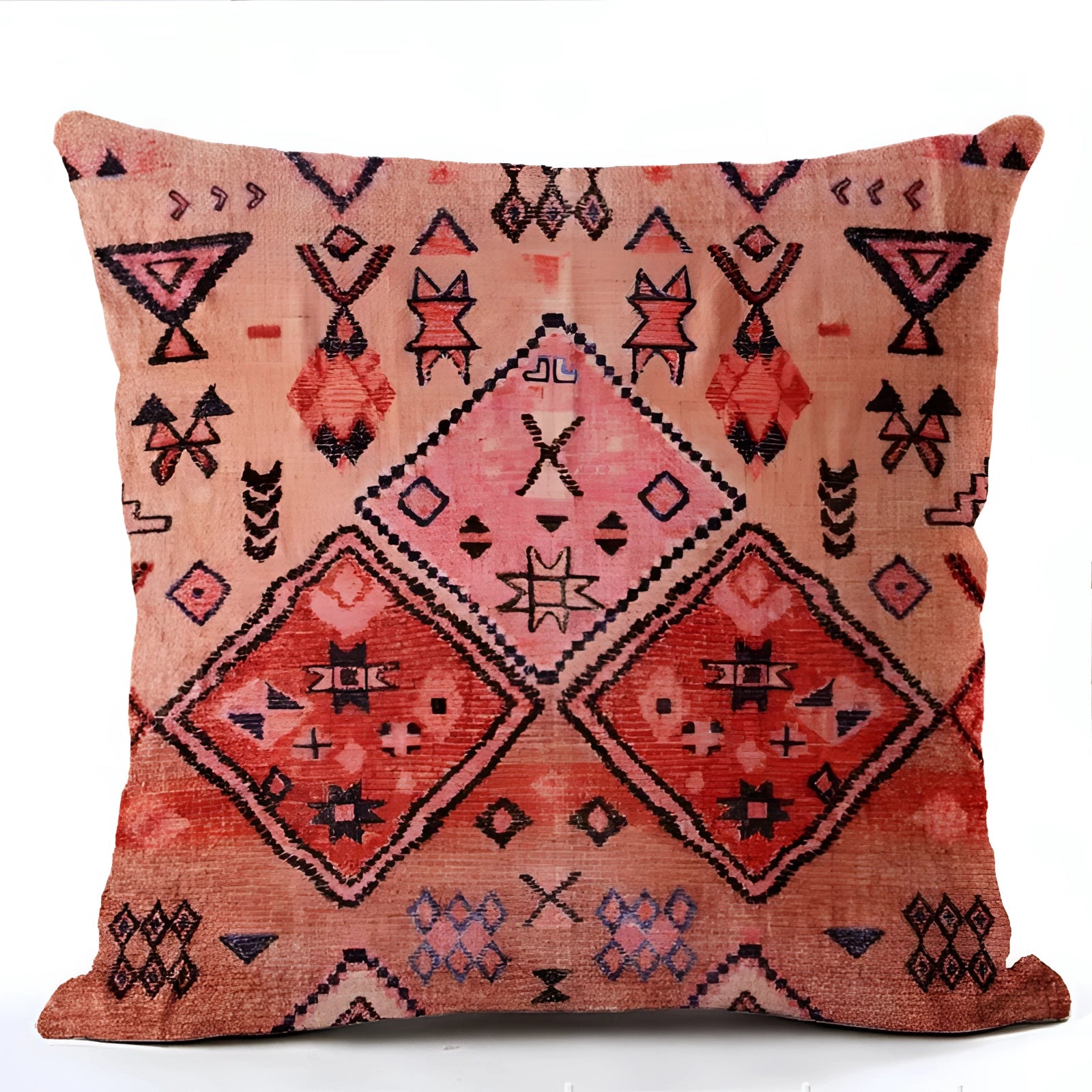 Handwoven rectangular kilim cushion featuring ethnic bohemian design with brown and orange patterns, perfect for Southwestern decor; displayed on a couch.