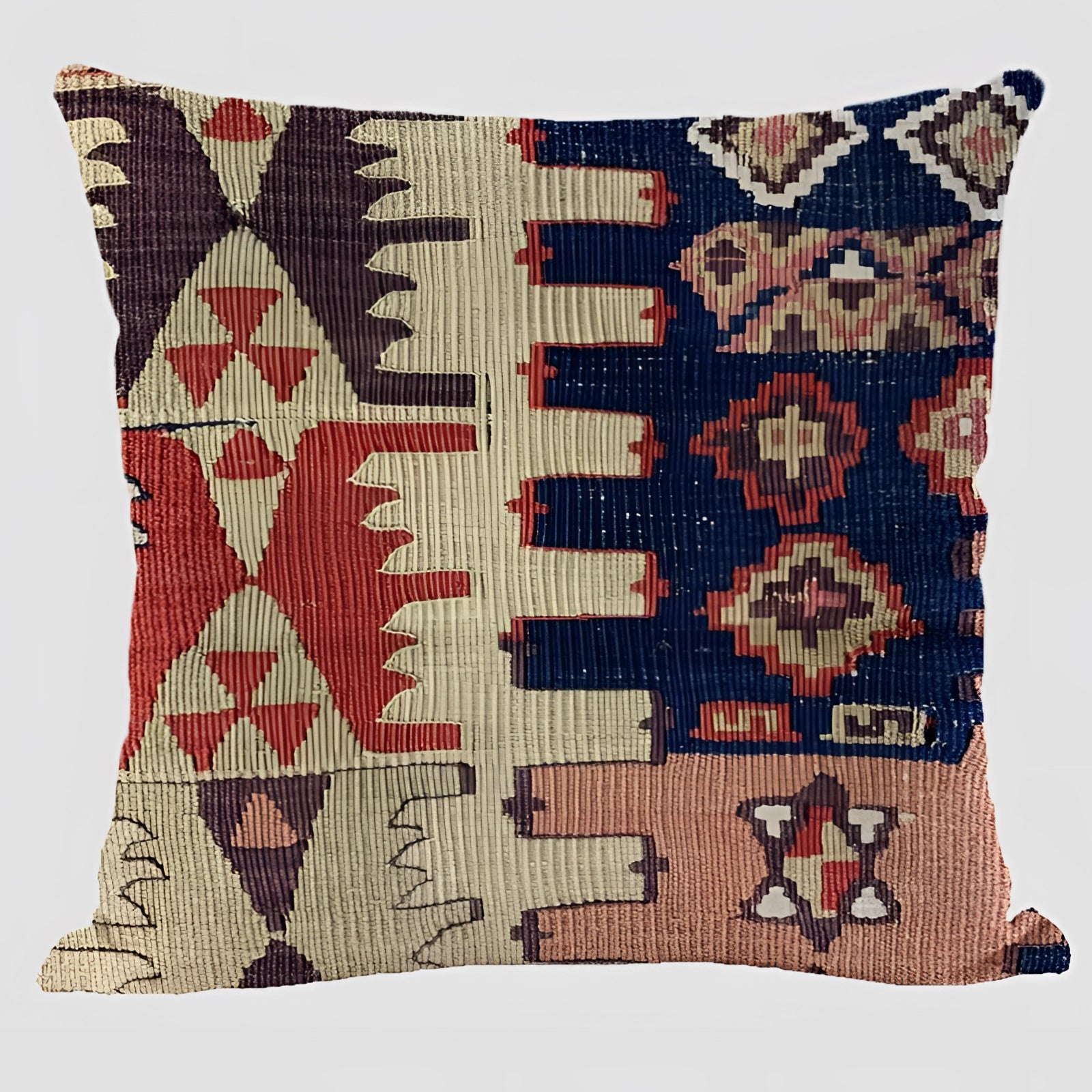 Handwoven Kilim cushion in a rectangular shape featuring ethnic Bohemian patterns, predominantly in brown tones, suitable for Southwestern decor.