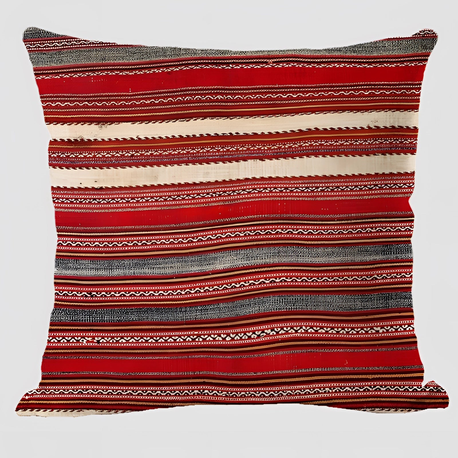 Handwoven kilim cushion with an ethnic bohemian design in shades of magenta and peach, featuring intricate patterns on a rectangular shape, perfect for southwestern decor.