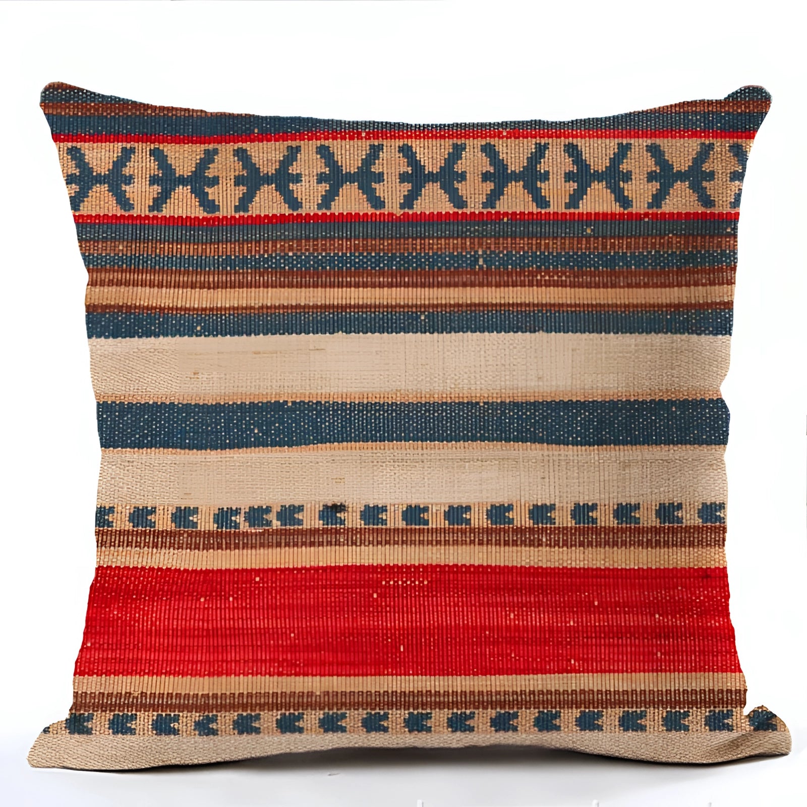 Handwoven kilim cushion with an ethnic bohemian pattern, featuring intricate textile design in woolen fabric. The rectangular pillow is ideal for southwestern decor.