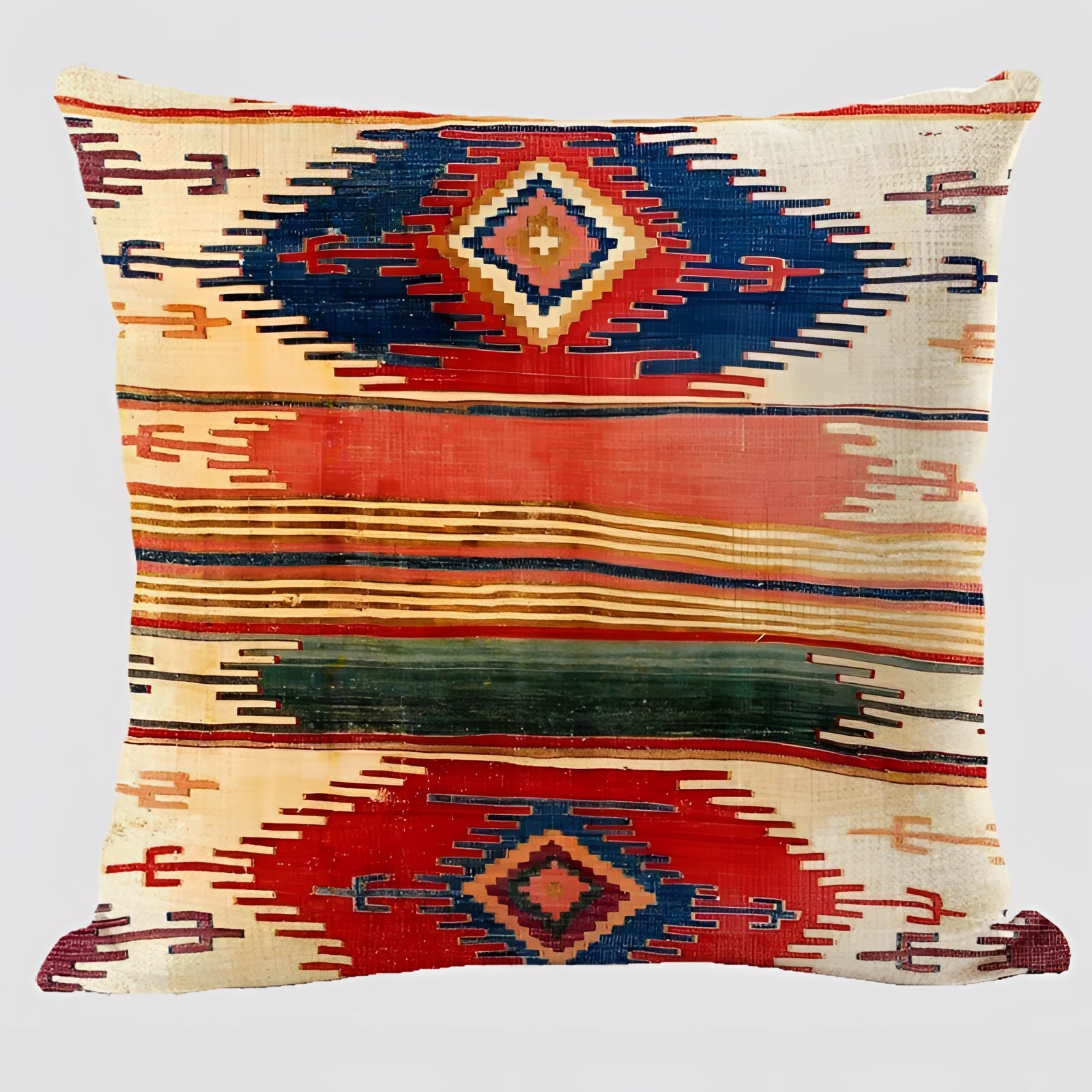 Handwoven Kilim cushion featuring an ethnic bohemian pattern with vibrant electric blue accents, perfect for adding a southwestern decor touch in a rectangular shape.