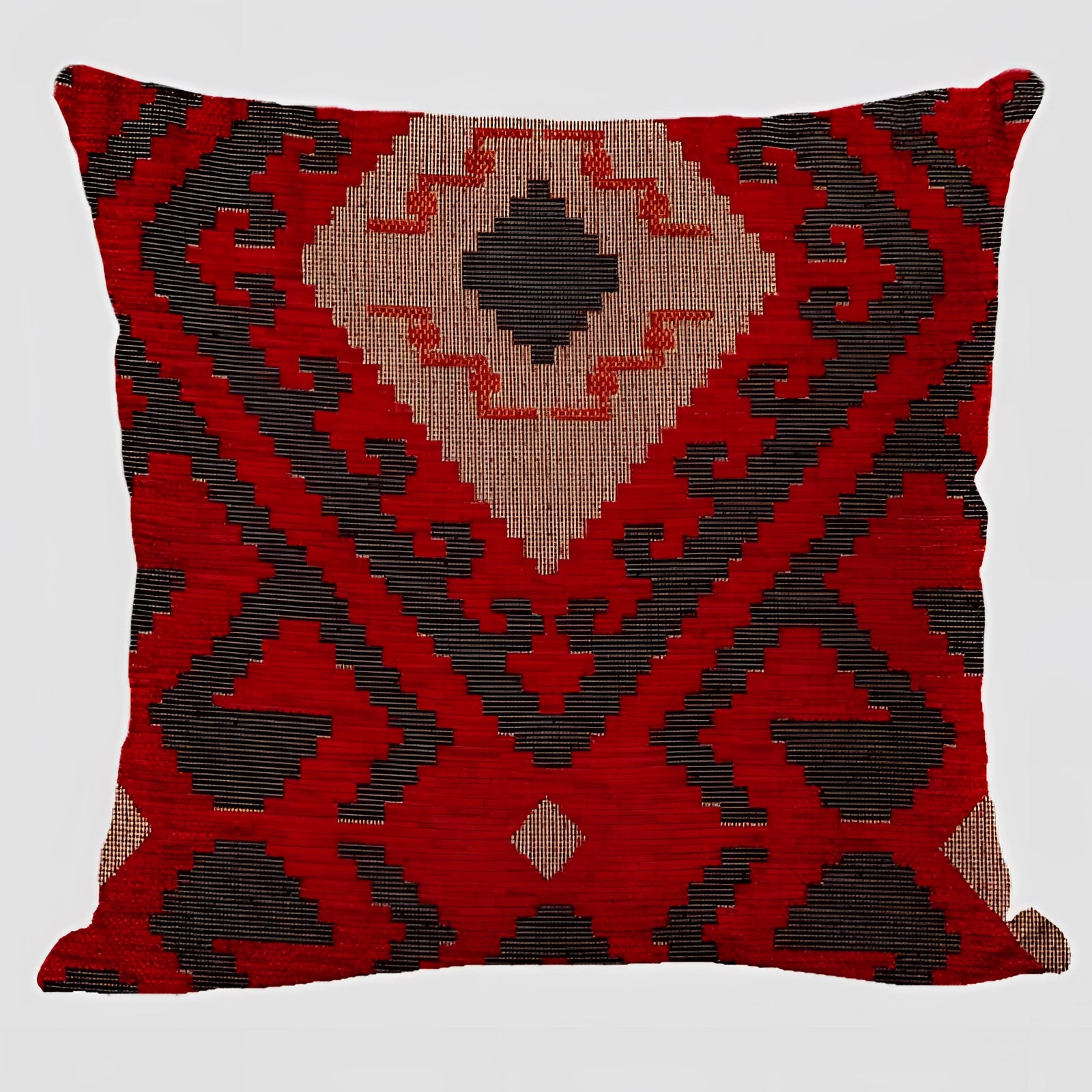 Handwoven Kilim Cushion in Style 12 featuring an ethnic Bohemian design with intricate patterns, rectangular shape, and rich carmine hues, perfect for Southwestern decor.