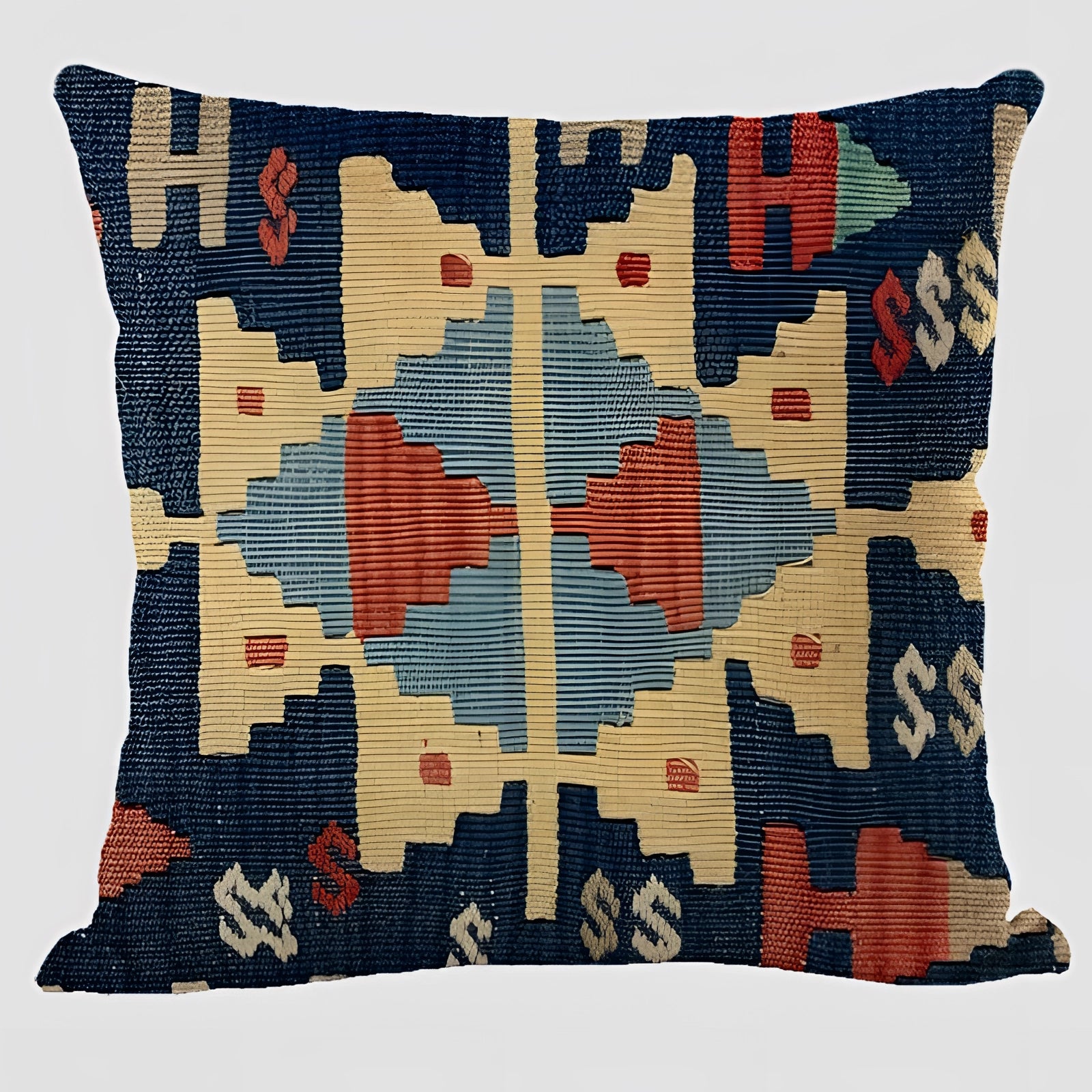 Handwoven rectangular kilim cushion featuring an ethnic bohemian design, suitable for southwestern decor, with intricate patterns and vibrant colors.