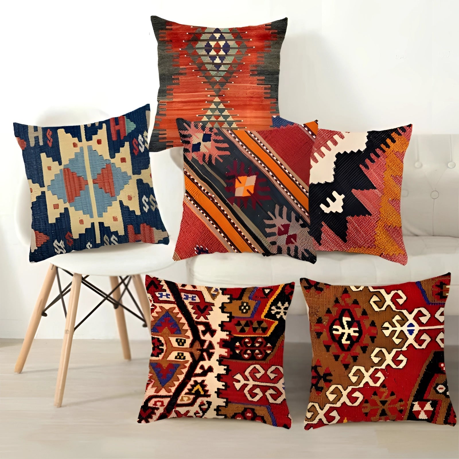 Handwoven kilim cushion featuring an ethnic bohemian pattern, ideal for southwestern decor, displayed on a chair. The rectangular pillow showcases intricate textile designs.