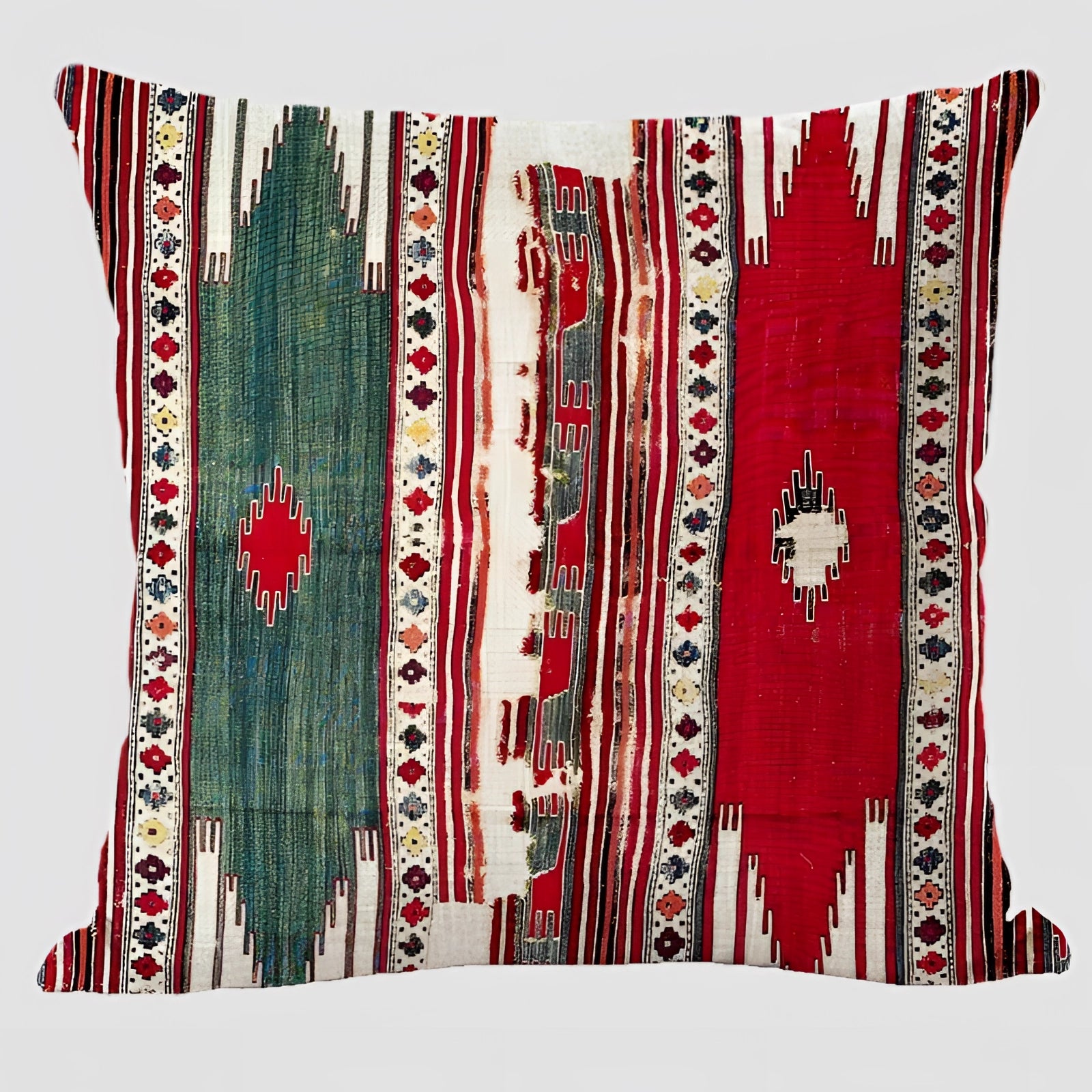 Handwoven Kilim cushion in a rectangular shape featuring an ethnic bohemian pattern with red and magenta hues, perfect for Southwestern decor.