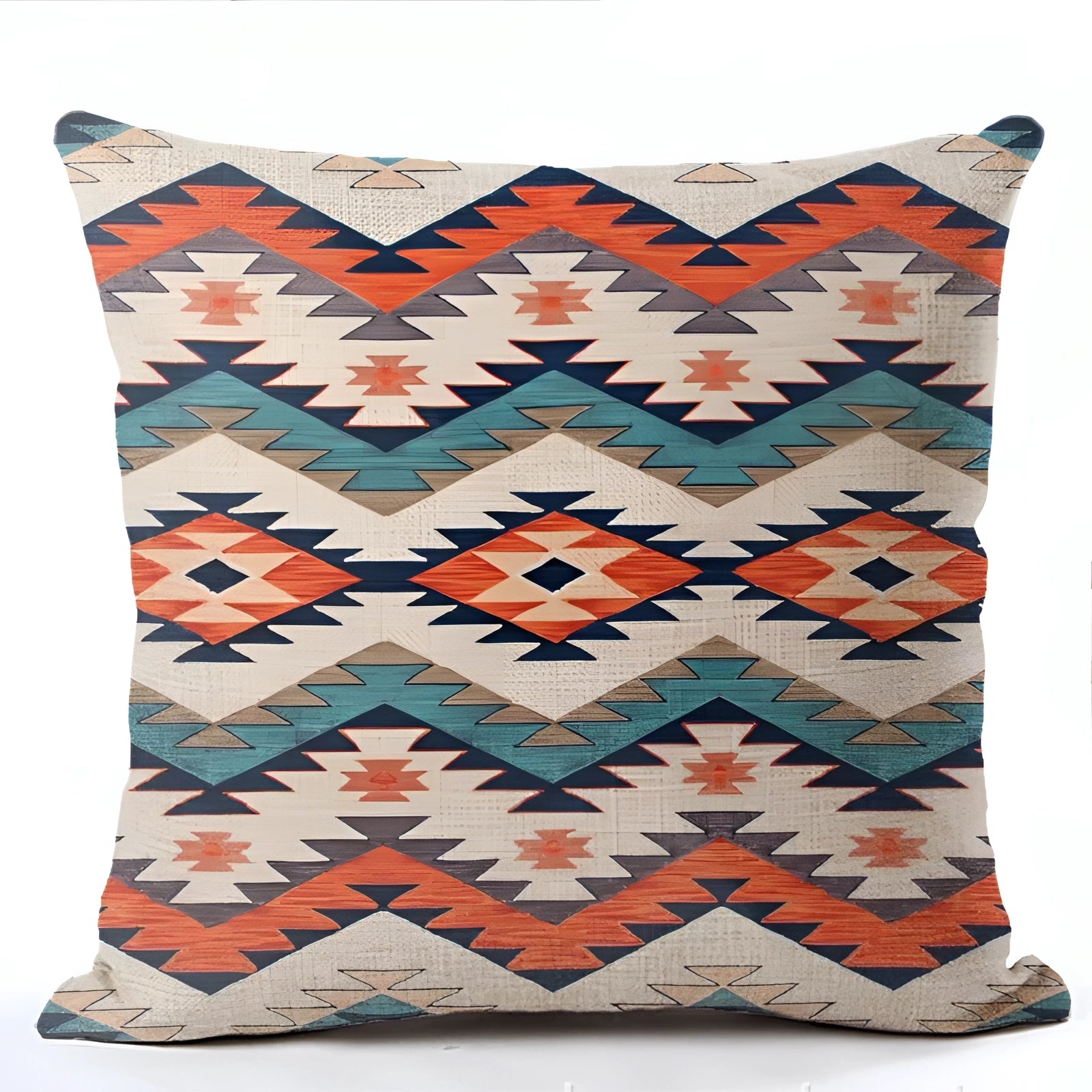 Handwoven Kilim cushion in Style 21 featuring a rectangular shape with a vibrant ethnic bohemian design. The cushion has a striking pattern of triangles in orange, grey, and aqua colors, perfect for enhancing Southwestern decor.