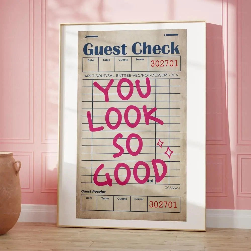 Humorous heart-shaped poster with a creative design resembling a guest check, set against a wooden background.