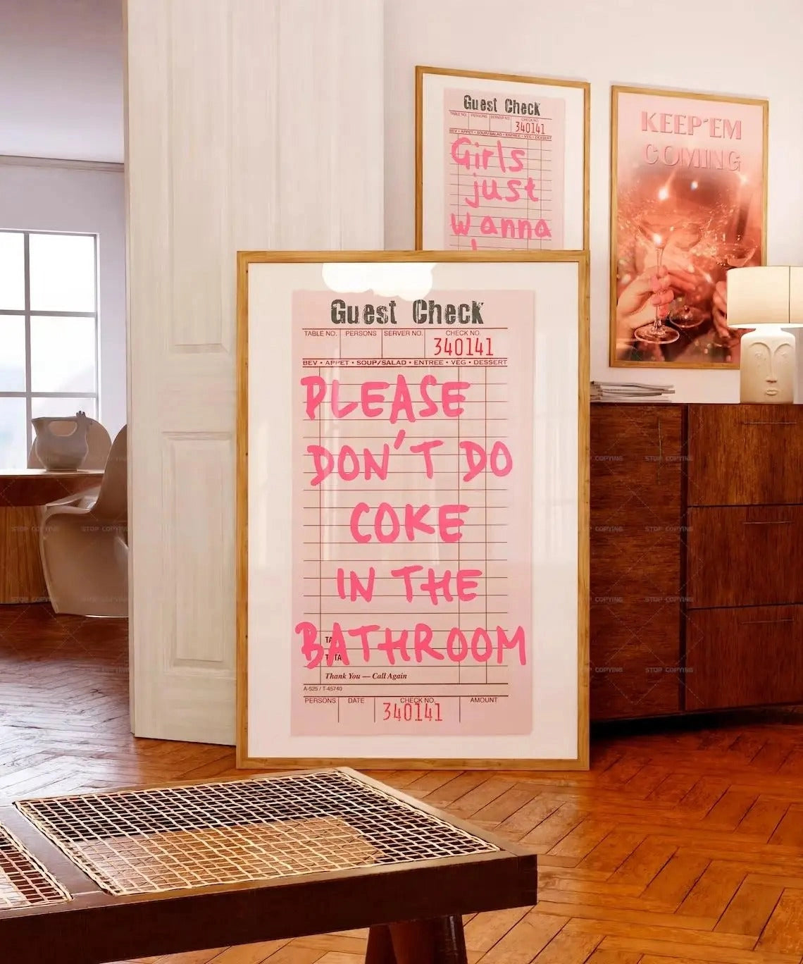 Heart-shaped poster with a humorous design resembling a guest check, placed on a wooden table near a window. The poster features playful typography, making it an ideal funny love gift for couples.