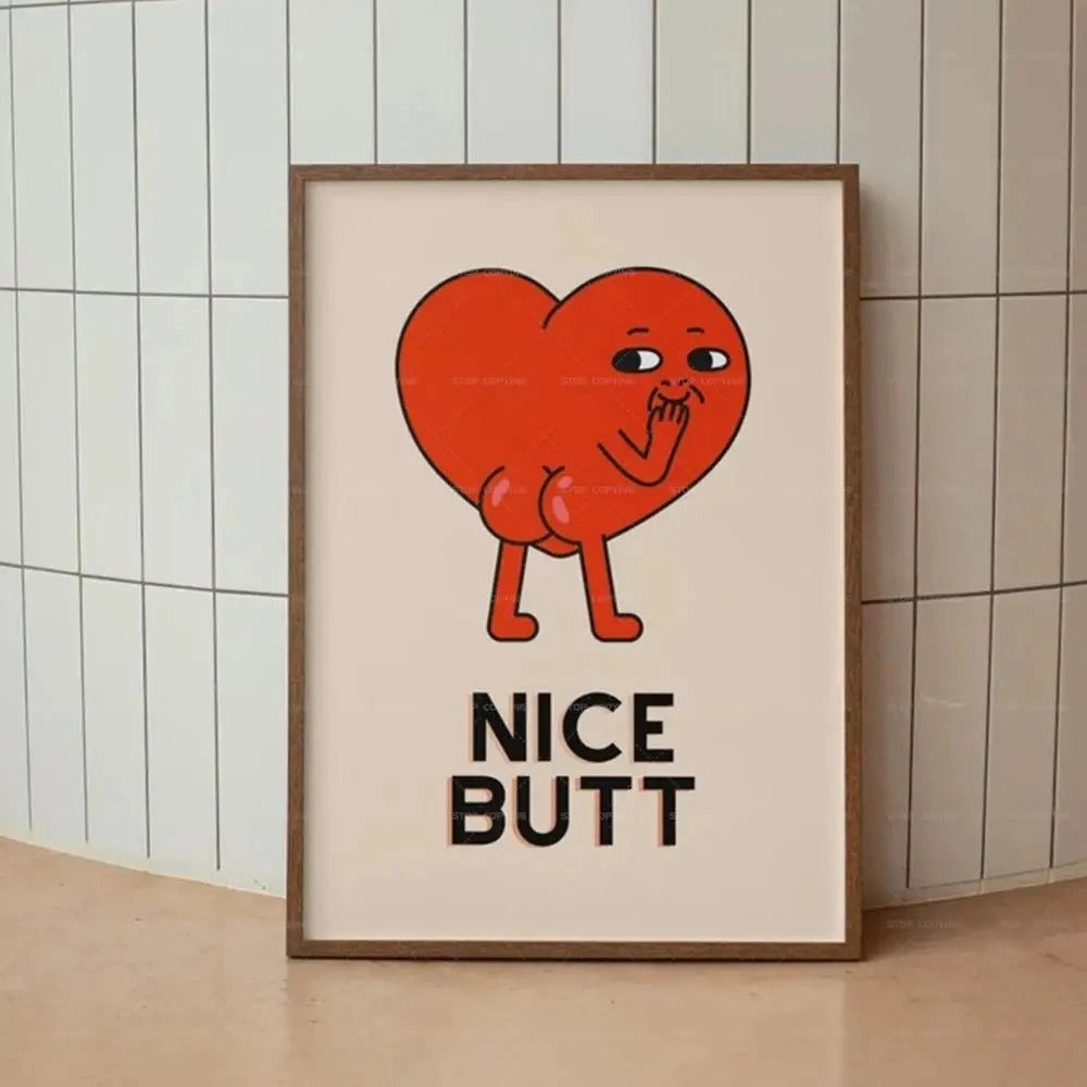 Humorous heart-shaped poster with the text "Beautiful Butt," displayed in a picture frame. The design features a playful and artistic font, perfectly suited as a funny love gift for couples. The poster is styled for wall display, adding charm and humor to any room.