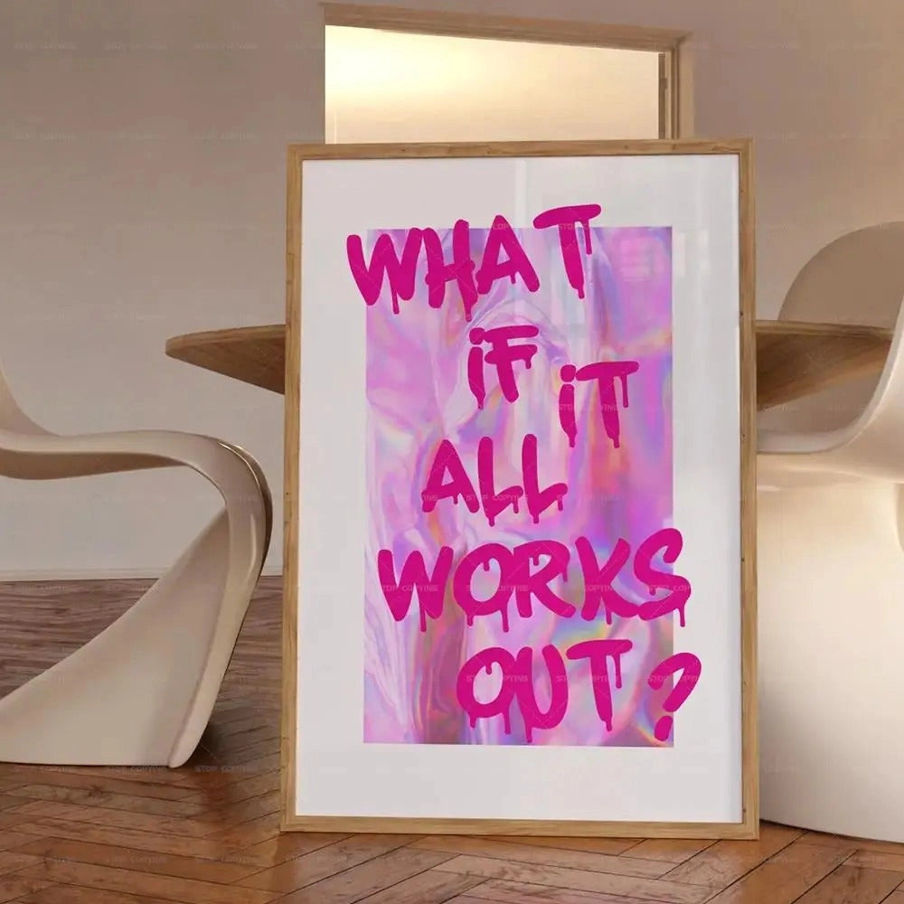 Humorous heart-shaped poster with the phrase "What if," featuring bold magenta text on a wooden background, designed as a funny love gift for couples.