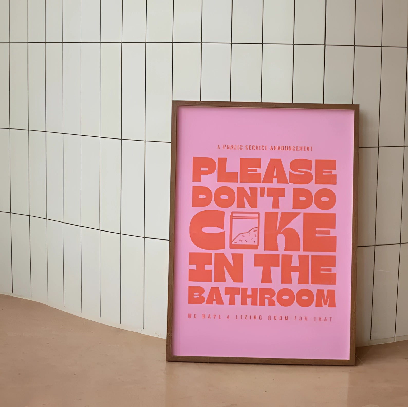 
A heart-shaped poster featuring a humorous love message, predominantly in shades of pink and magenta, set against a rectangular wooden background. The design includes playful fonts and patterns, perfect as a funny love gift for couples.