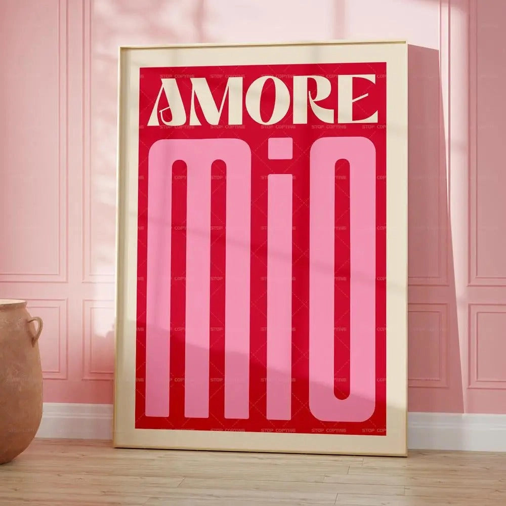 A heart-shaped poster with humorous text titled "My Love," featuring a magenta background, displayed on a wooden surface in an interior setting.