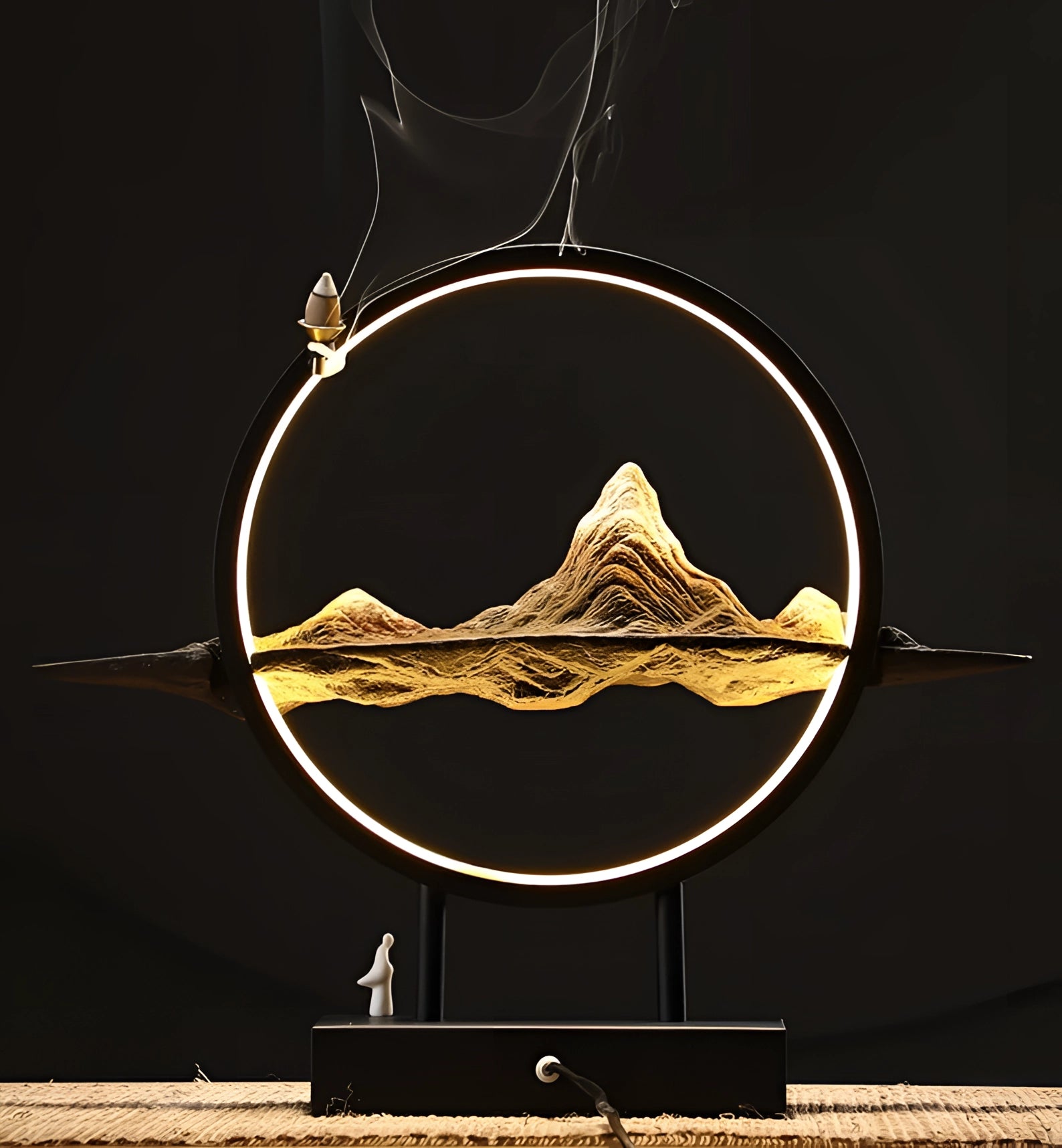 Illuminated Mountain LED Circle Art featuring dynamic smoke and light effects with a circular wooden frame.