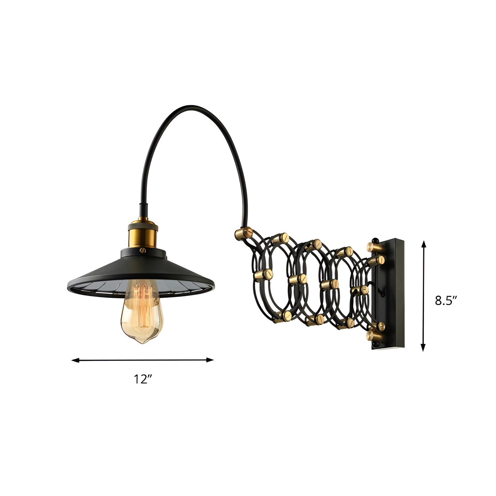 Industrial antique brass adjustable wall sconce with Edison bulb, featuring a metal frame and exposed bulb design, mounted on a wooden background.