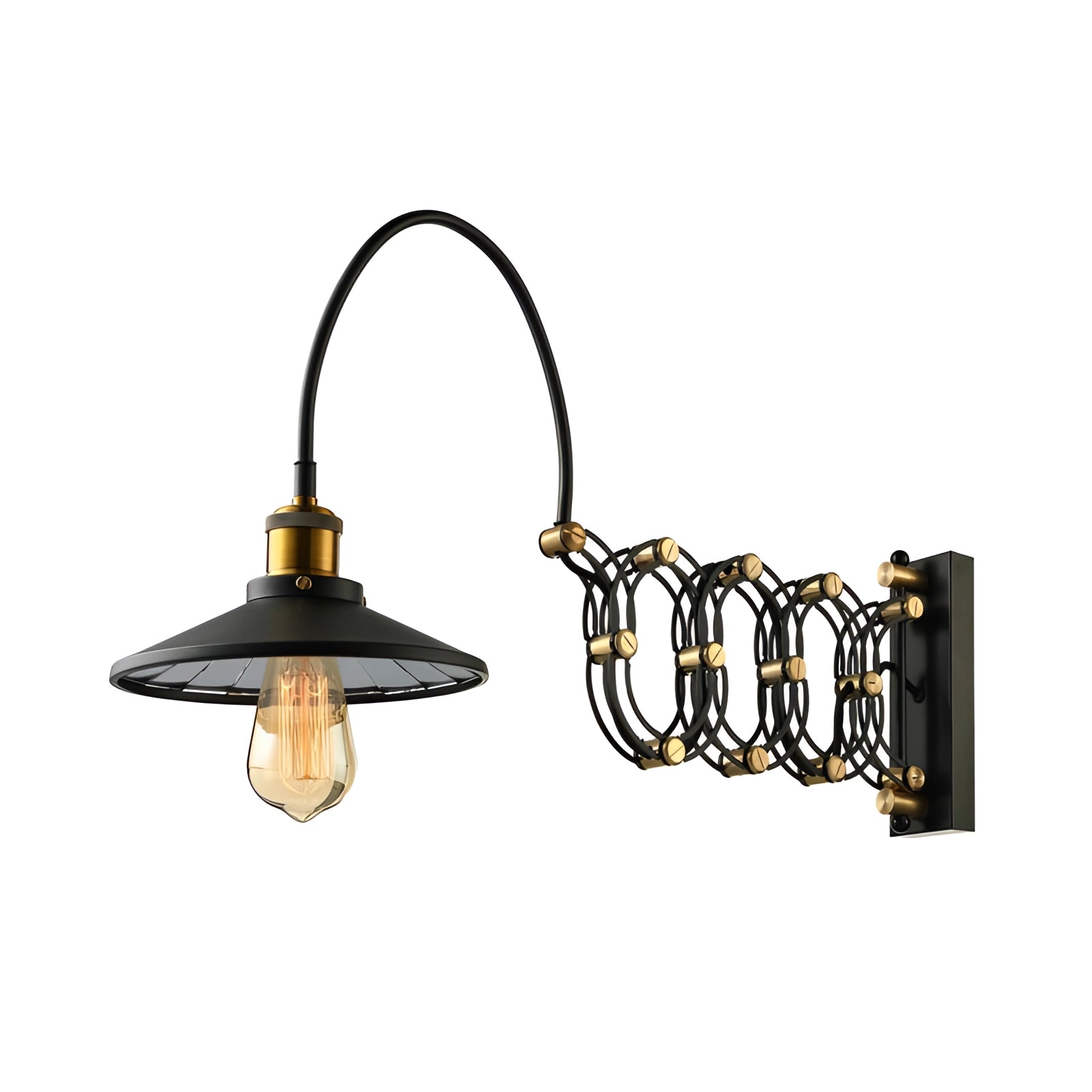 Industrial antique brass adjustable wall sconce with Edison bulb, featuring a metal light fixture design.