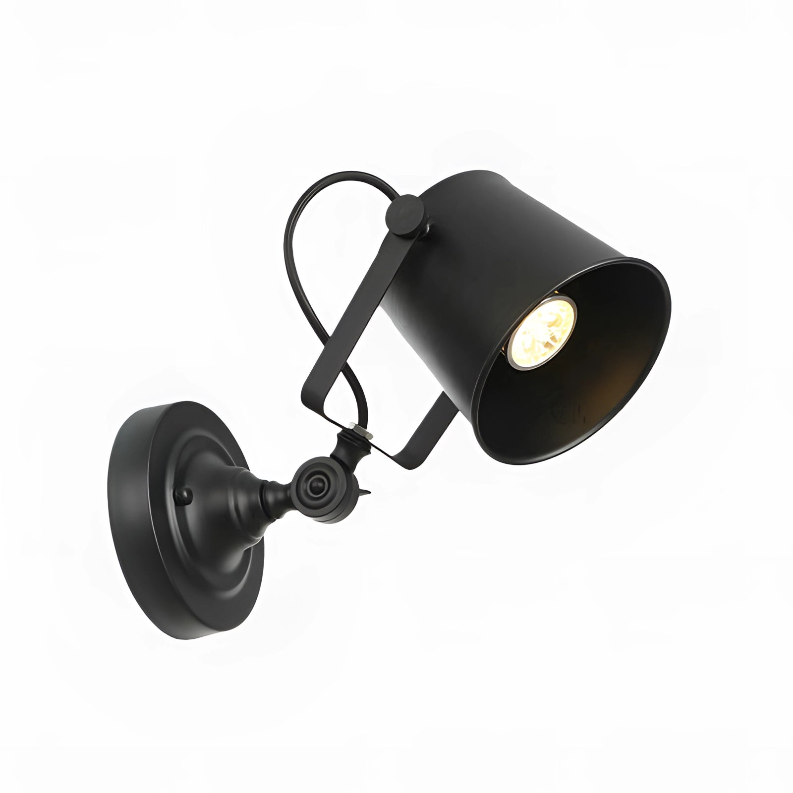 Industrial black metal wall lamp with an adjustable sconce design, compatible with LED bulbs, featuring a sleek and modern look suitable for both residential and commercial settings.