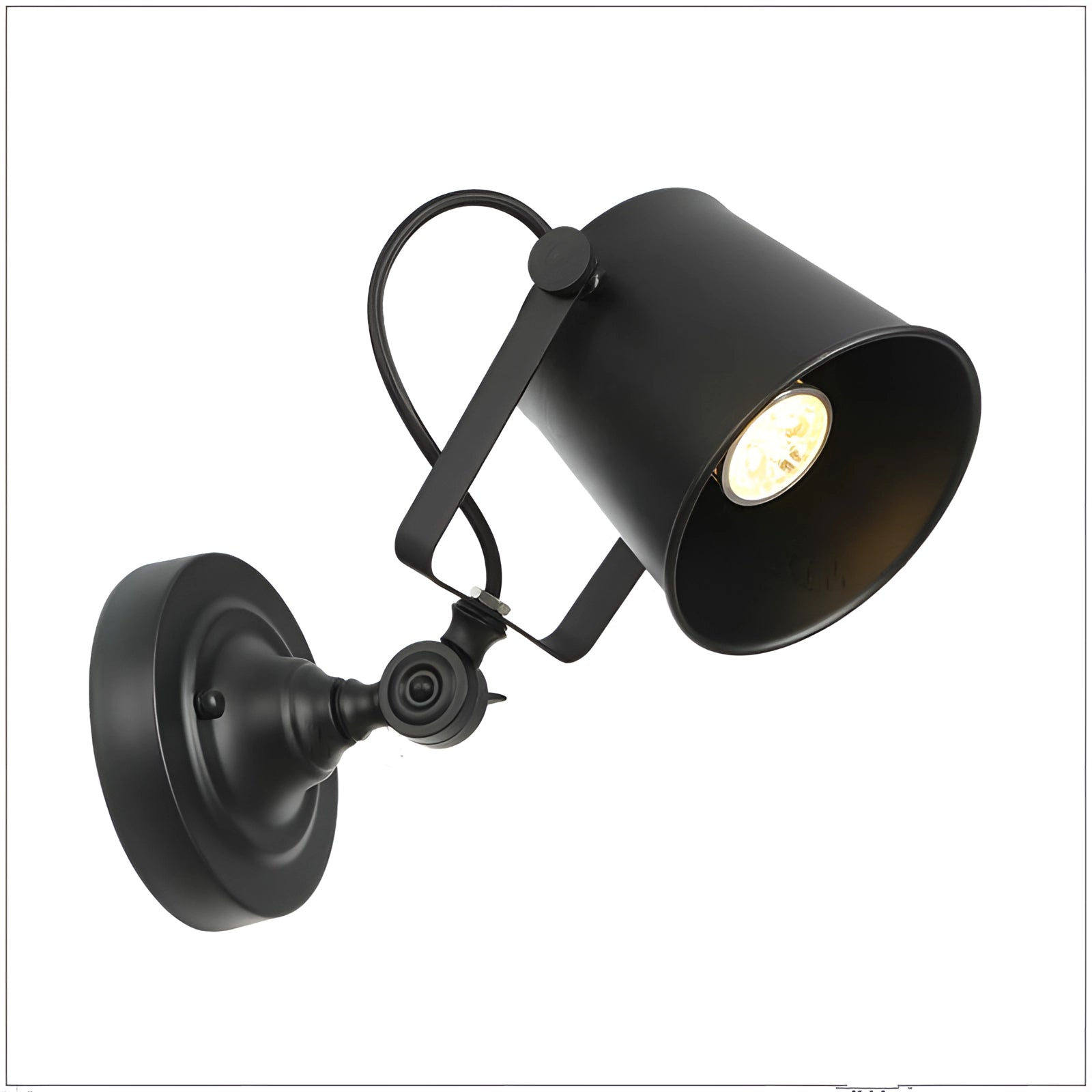 Industrial black metal wall lamp featuring an adjustable design and LED compatibility, shown mounted on a wall with a sleek finish.