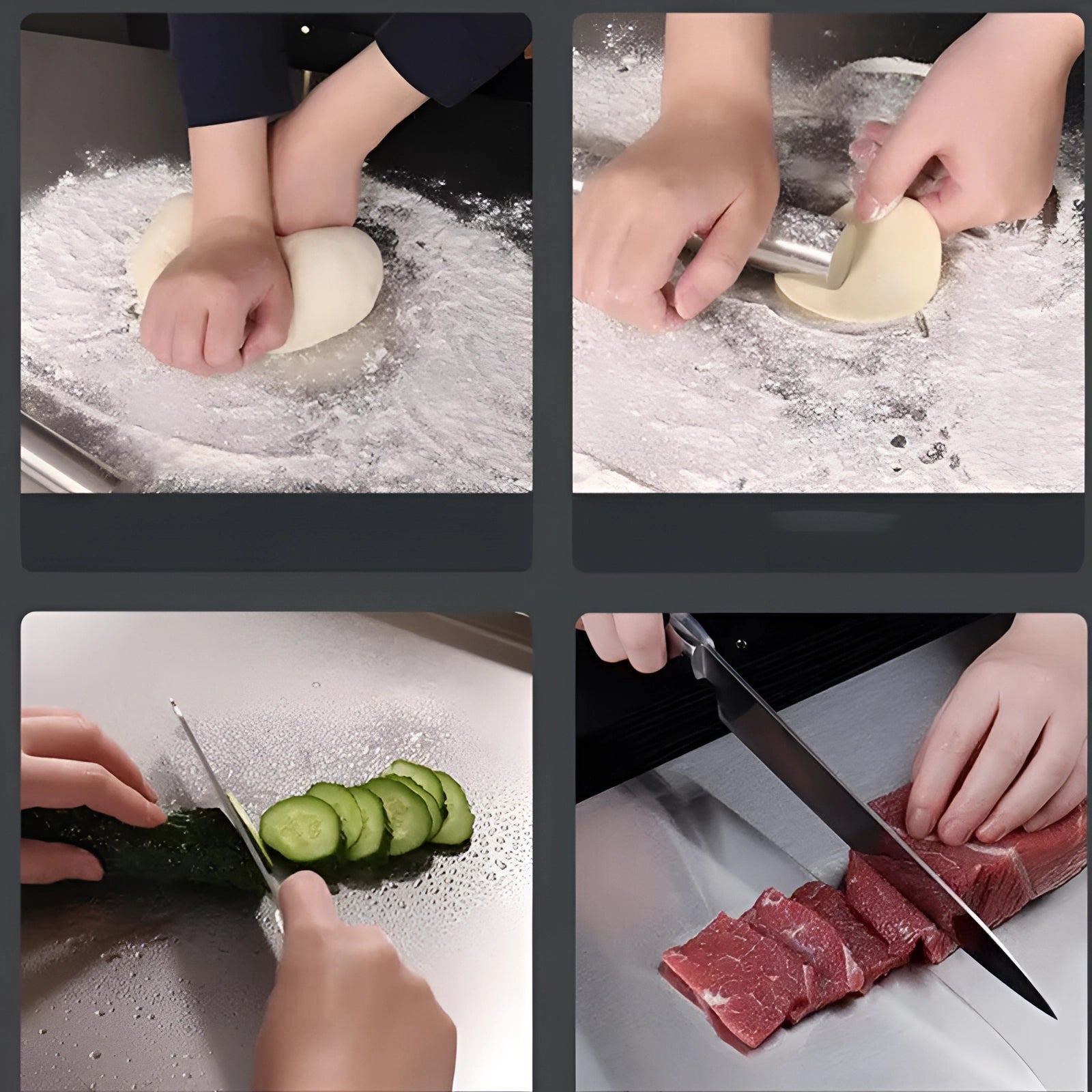 Hand holding a stainless steel cutting board with various ingredients being prepared, showcasing its space-saving and hygienic design.