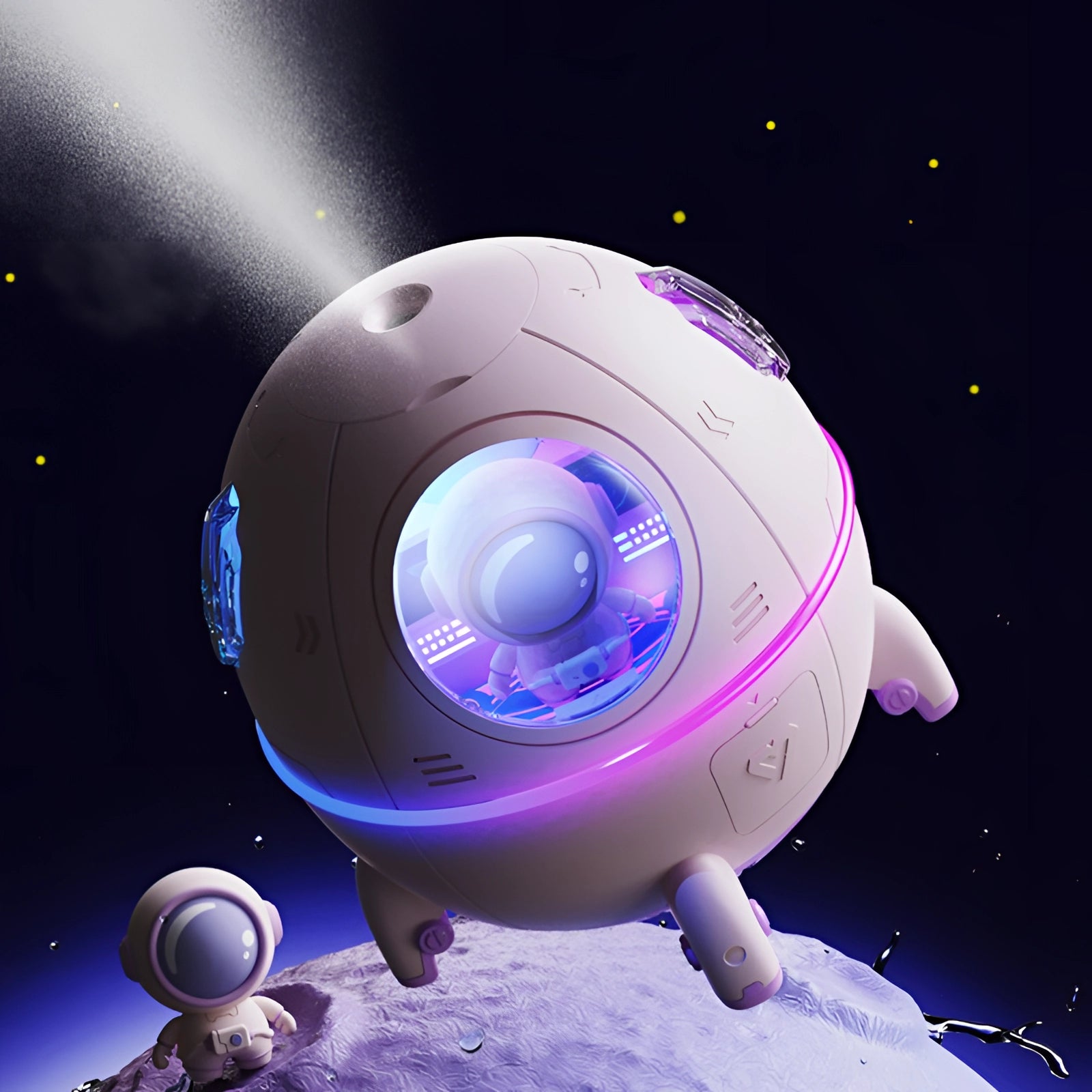 Interactive purple robotic pet toy with a circular design, featuring elements reminiscent of a small spacecraft or satellite, set against a backdrop of electric blue lights, giving it a futuristic and space-themed appearance.