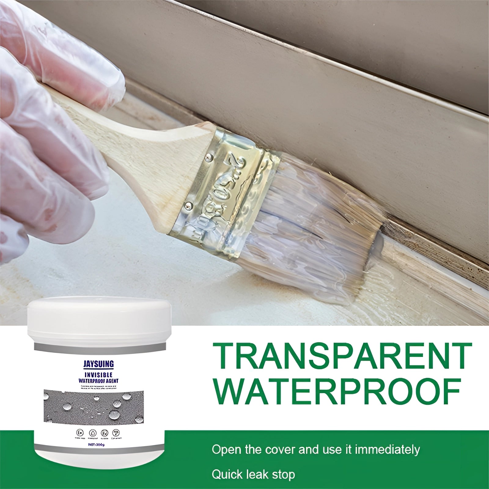 Clear waterproof sealant being applied to a tile joint with a hand demonstrating the product's usage, showcasing its liquid form and effectiveness in sealing and protecting surfaces.