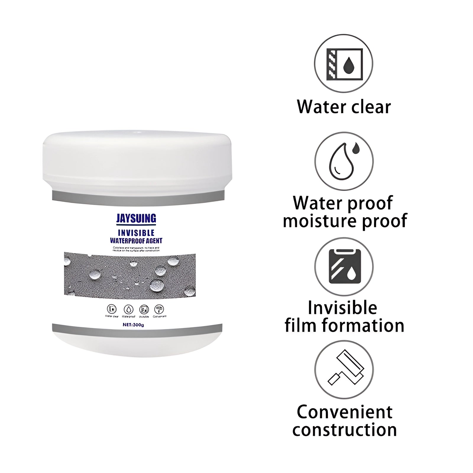 Clear waterproof sealant bottle labeled "Invisible Quick Leak Stop," designed for sealing tiles and joints.