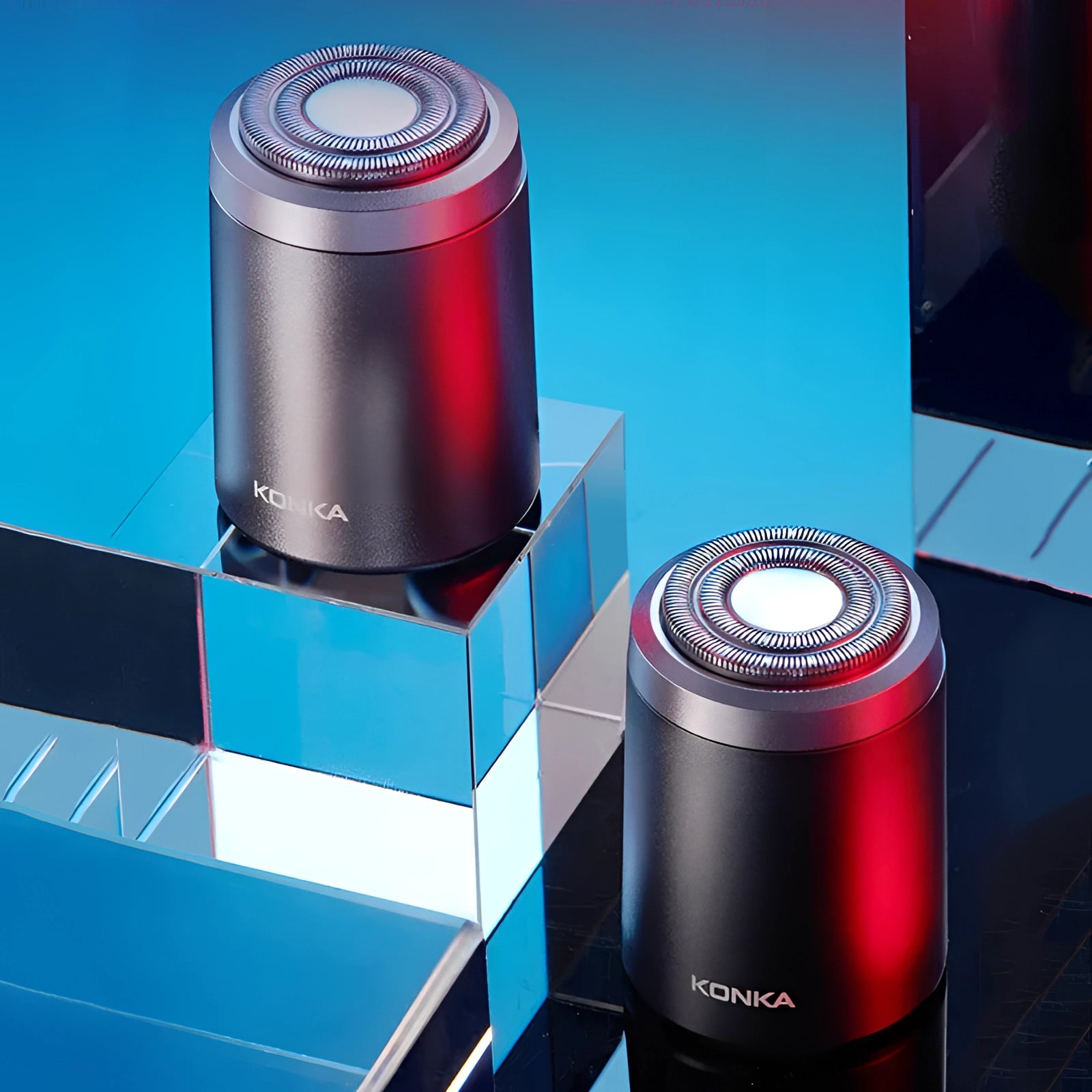 Compact cylindrical Konka portable Bluetooth speaker in red with LED lighting, designed for wireless audio playback.