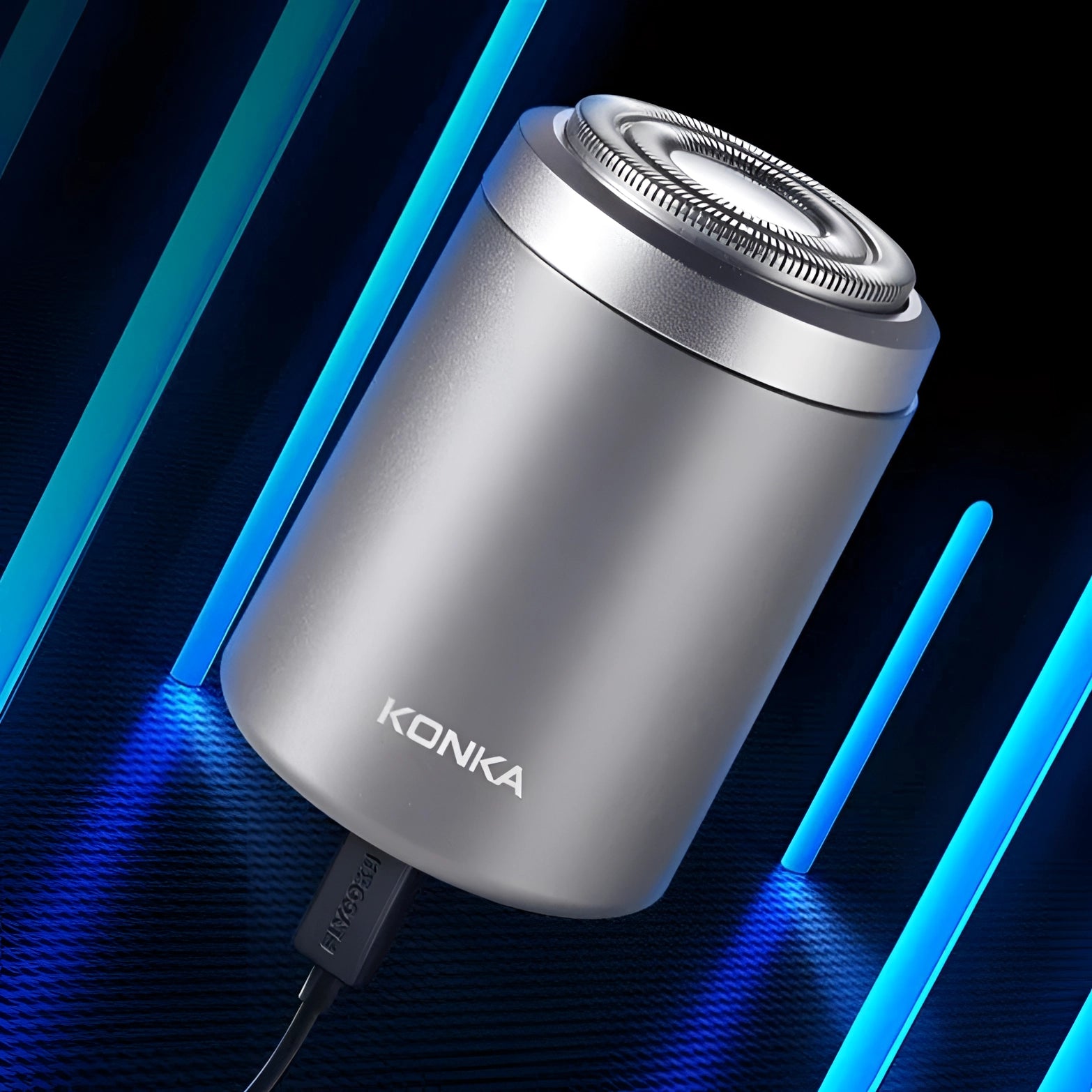 Compact Konka Portable Bluetooth Speaker with LED lighting, featuring a cylindrical design in electric blue color, showcasing modern technology and sleek branding.