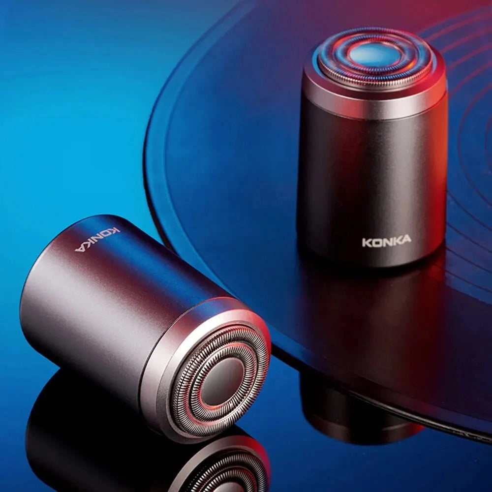 Konka Portable Bluetooth Speaker featuring a compact cylindrical design with vibrant LED lights, showcasing a mix of red and magenta hues.