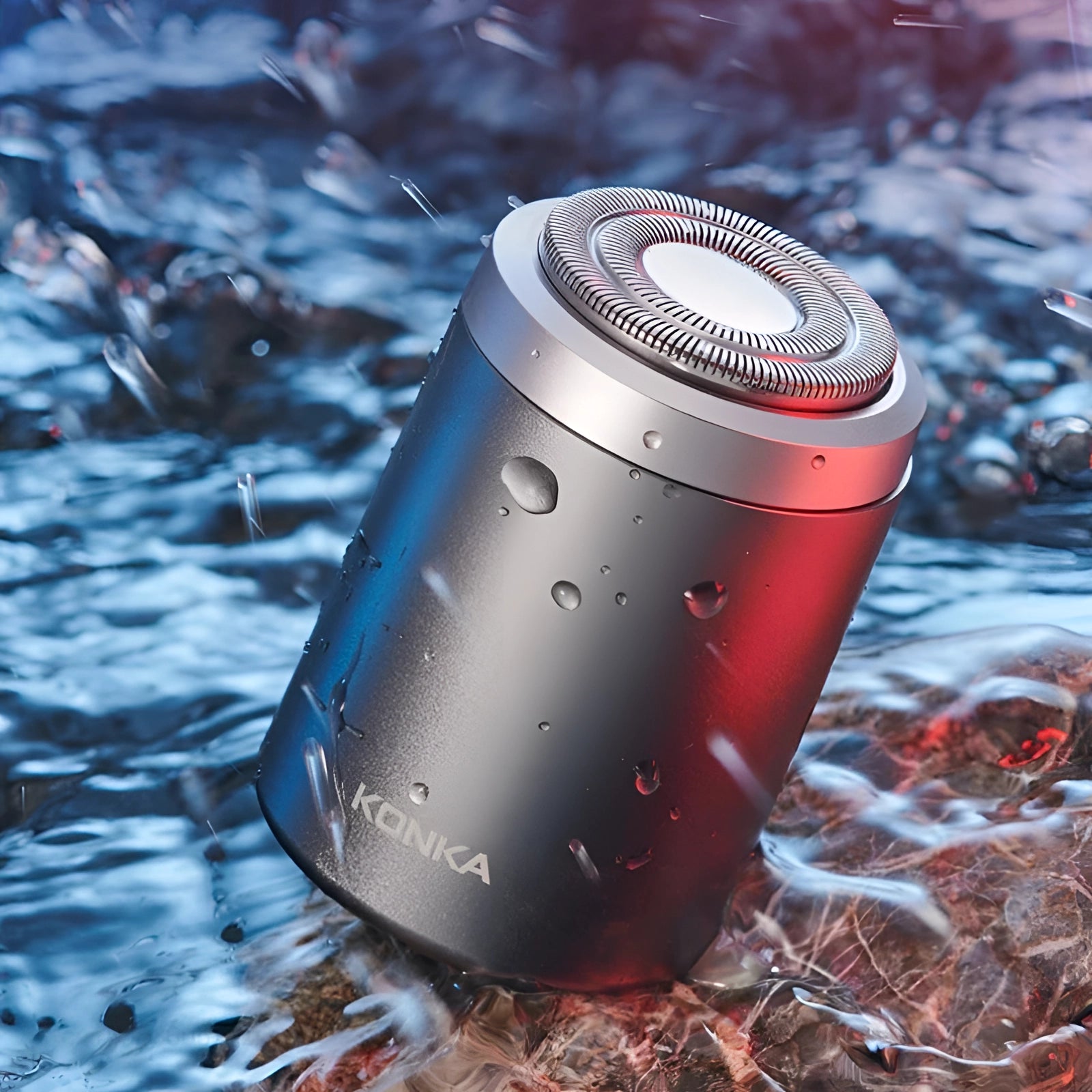 A compact Konka portable Bluetooth speaker with LED lights, displayed next to an aluminum beverage can, emphasizing its small, portable size ideal for on-the-go music listening.