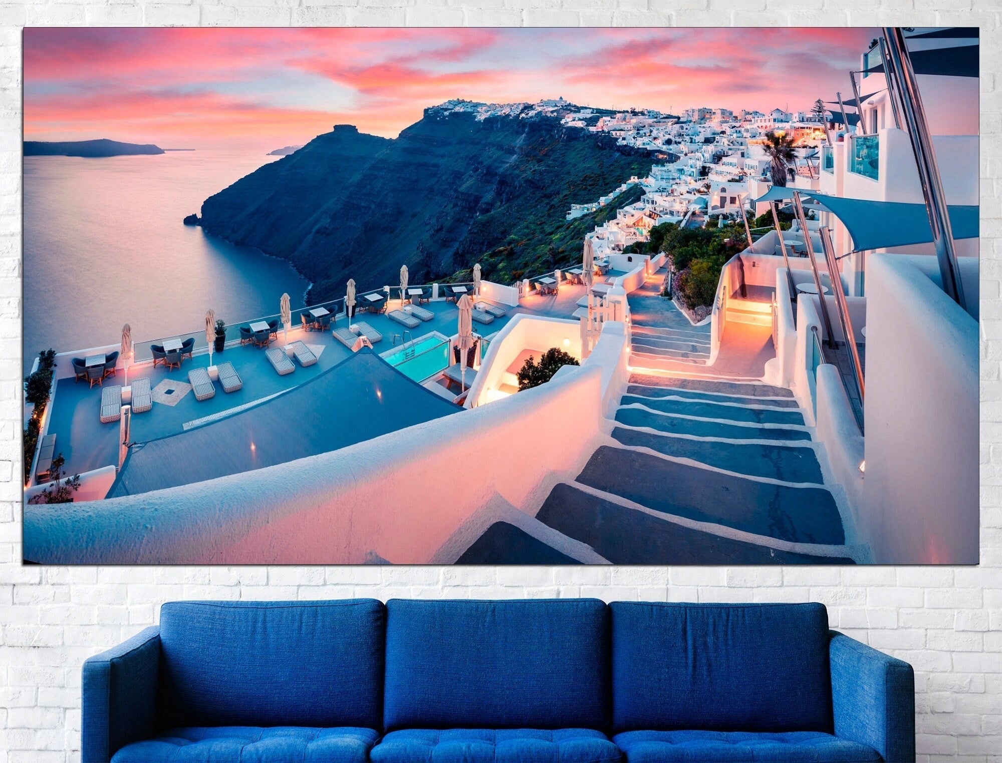 Large canvas print featuring a stunning view of Santorini, Greece with azure blue skies and calm waters, framed within a rectangular format measuring 62"x35" (160x90cm).