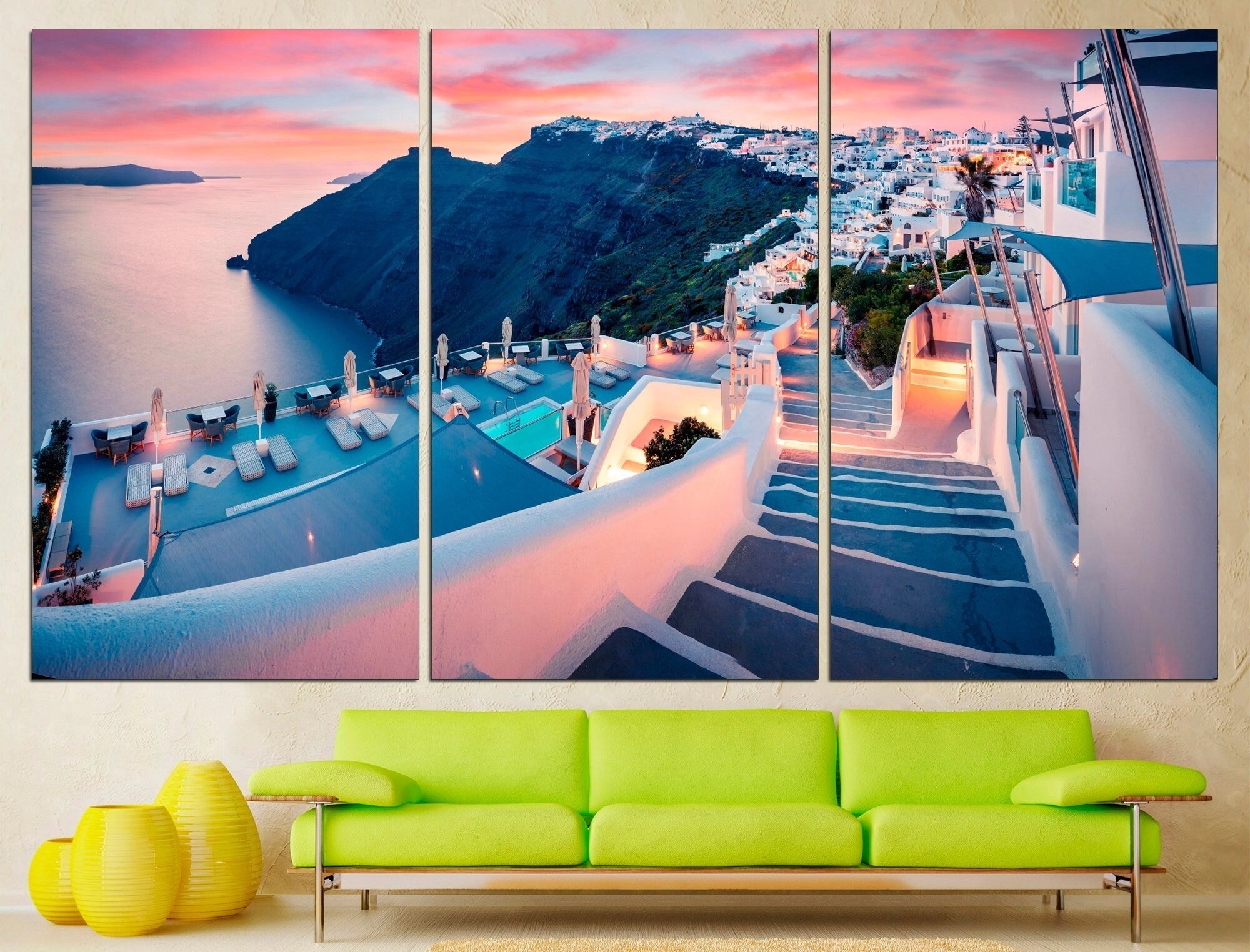 Large Santorini canvas print featuring a 3-panel design, measuring 101"x57". The artwork depicts a serene blue water scene with boats, capturing the essence of Greek nautical architecture against an azure backdrop.