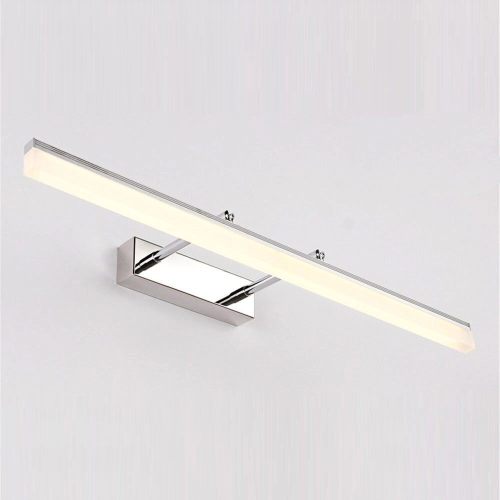 Modern LED bathroom vanity light with an adjustable wall sconce design in a sleek chrome finish. The fixture is in a silver color with dimensions of 50cm and uses 12 watts to emit cold white light within the range of 5500-7000K. The light is made from materials like metal and aluminum, contributing to its contemporary aesthetic.